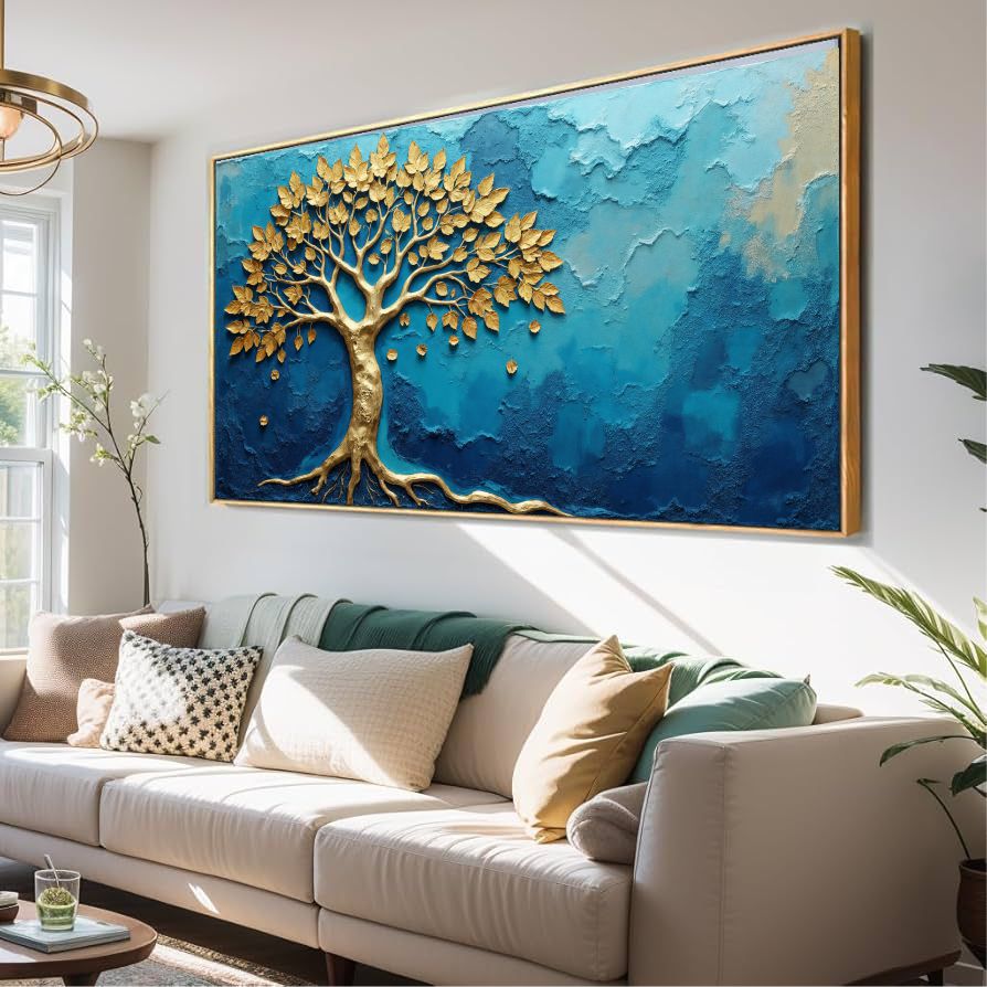 Quadro Decorativo Árvore Da Vida Dourada e Azul