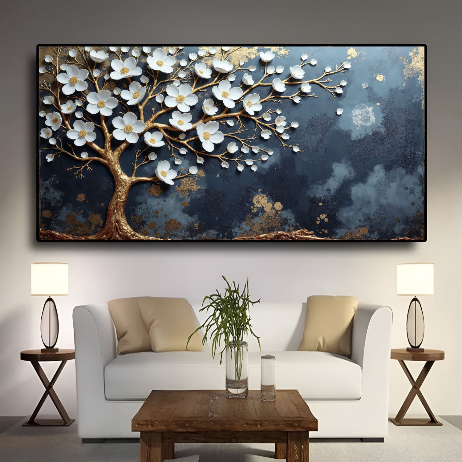 Quadro Decorativo Árvore Da Vida Flores Brancas Ouro