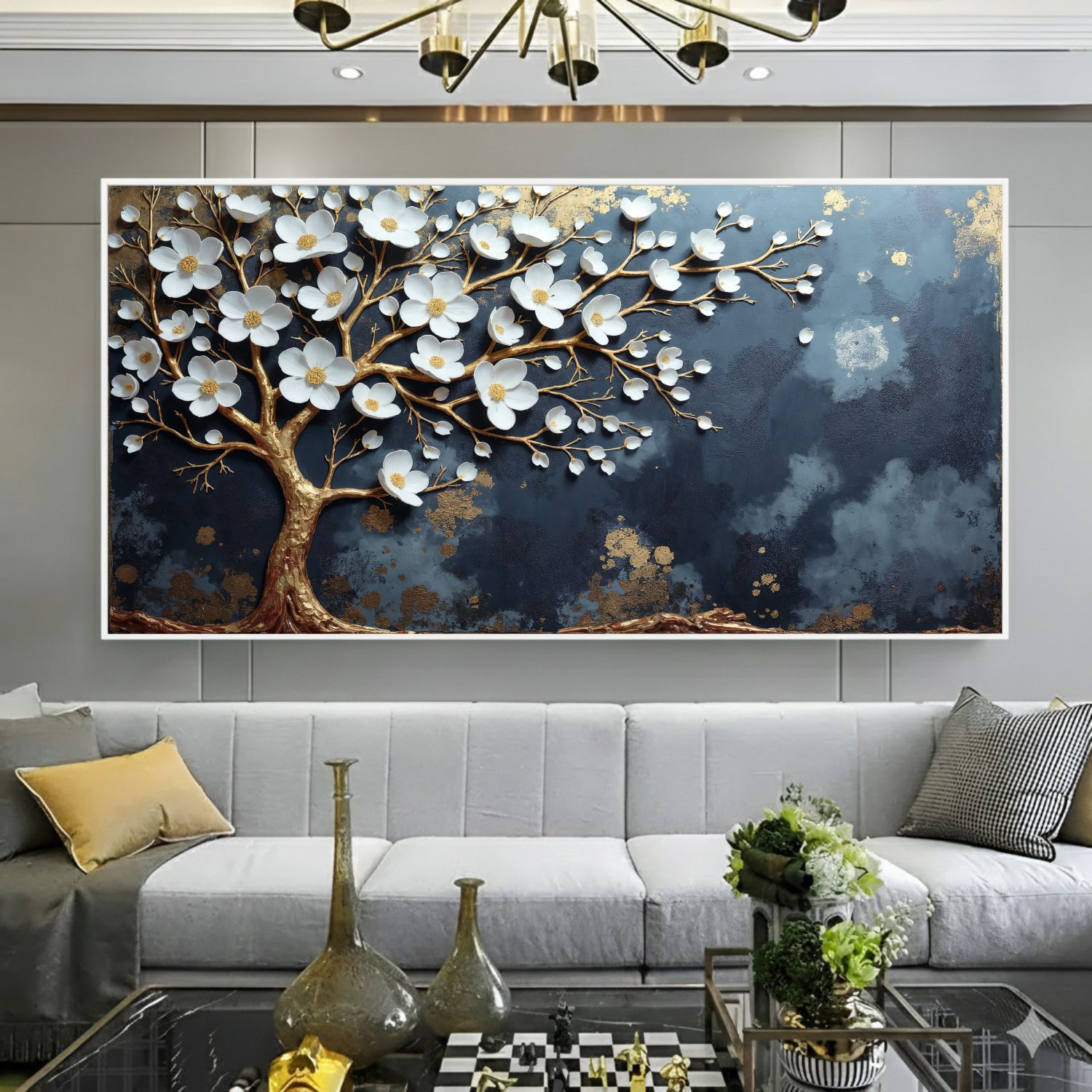 Quadro Decorativo Árvore Da Vida Flores Brancas Ouro