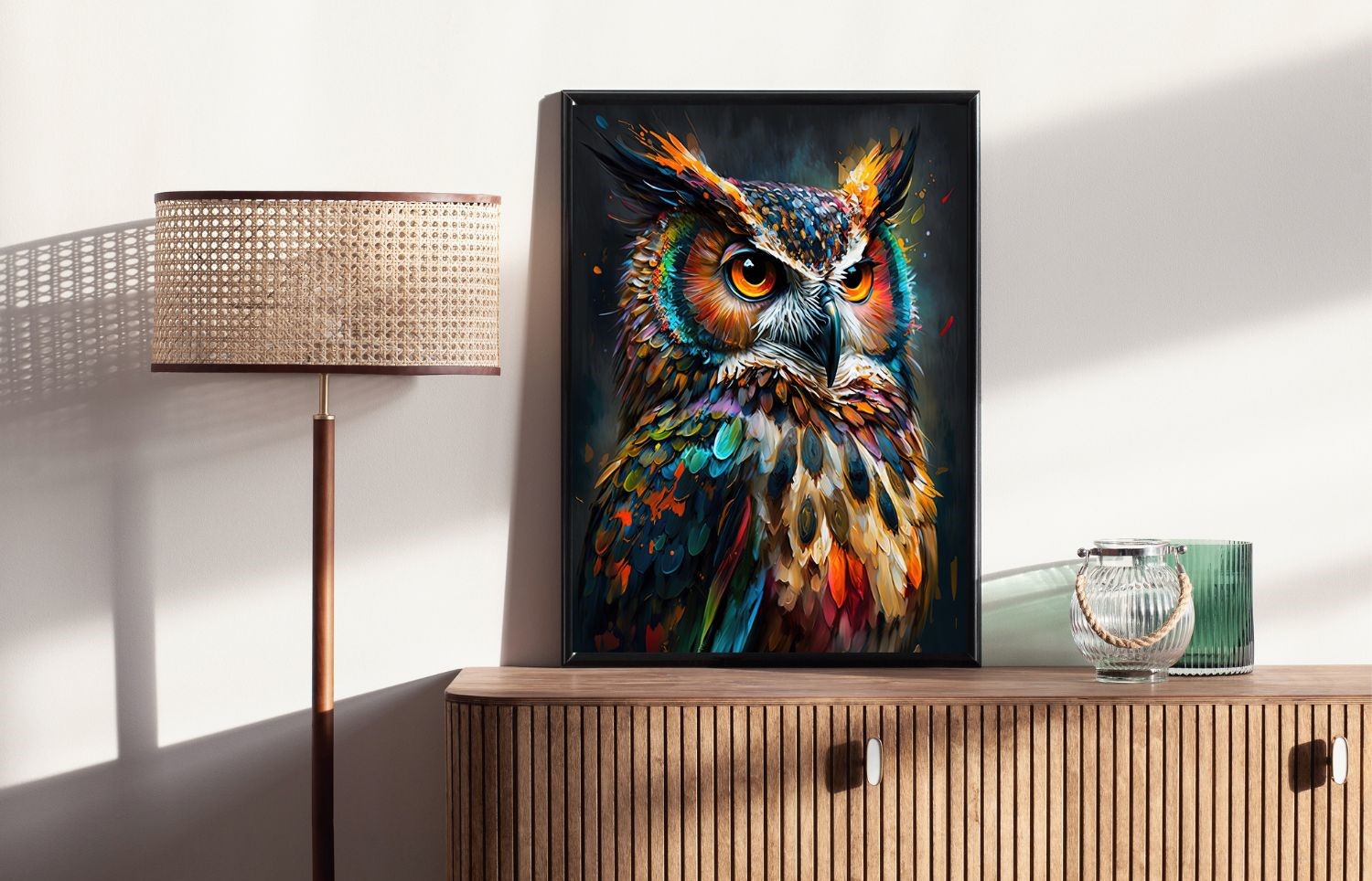 Quadro Decorativo Coruja Colorida em Adesivo com Moldura Caixa