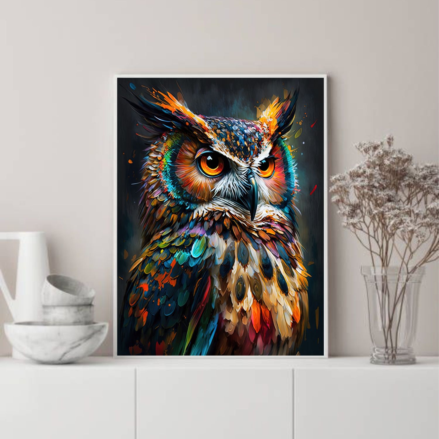 Quadro Decorativo Coruja Colorida em Adesivo com Moldura Caixa