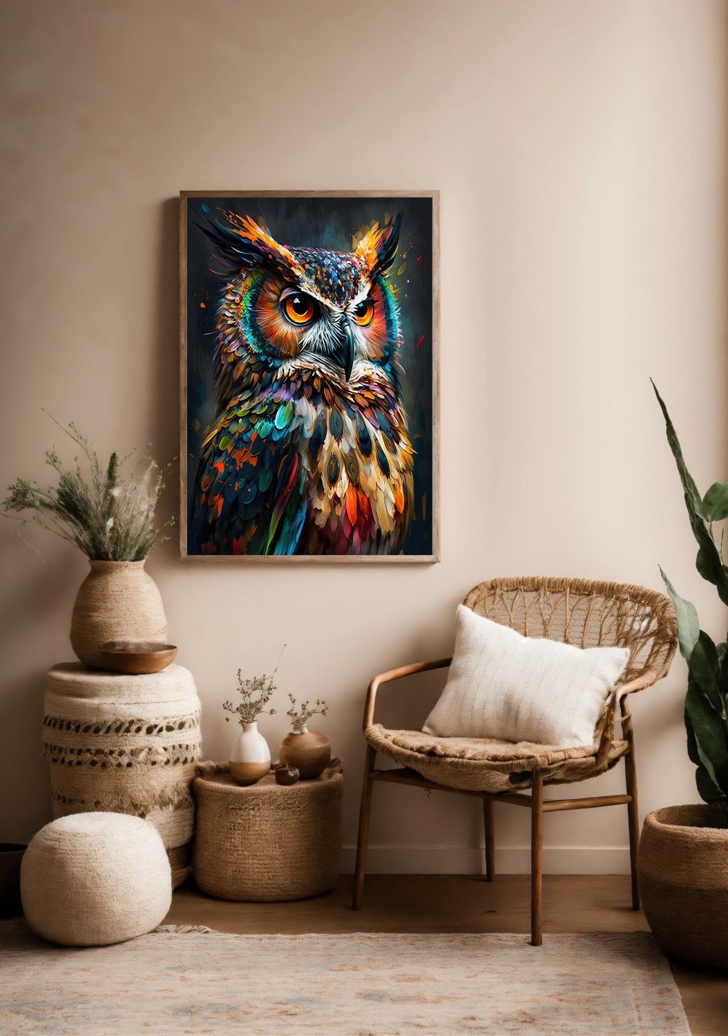 Quadro Decorativo Coruja Colorida em Adesivo com Moldura Caixa