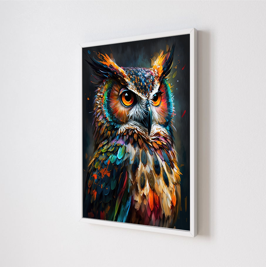 Quadro Decorativo Coruja Colorida em Adesivo com Moldura Caixa