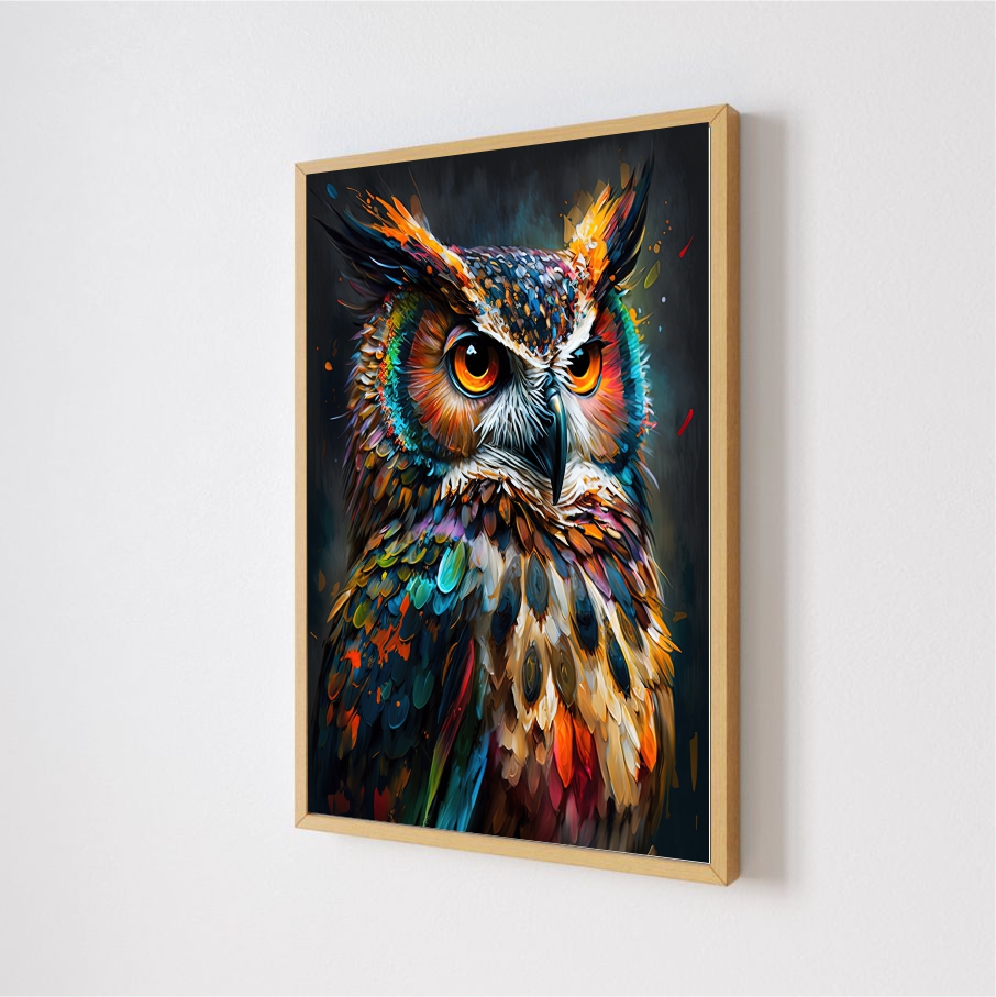 Quadro Decorativo Coruja Colorida em Adesivo com Moldura Caixa