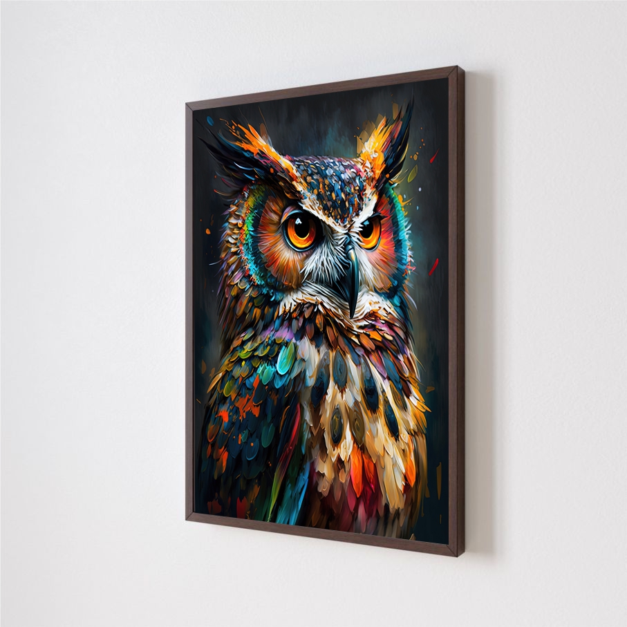 Quadro Decorativo Coruja Colorida em Adesivo com Moldura Caixa