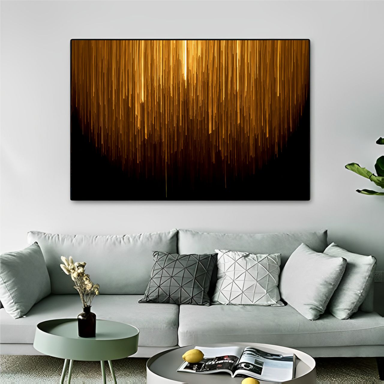 Quadro Decorativo Abstrato Linhas Douradas com Fundo Preto
