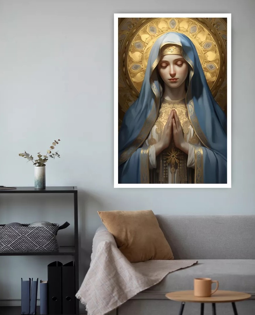 Quadro decorativo Virgem Maria em Canvas com Moldura Negativa