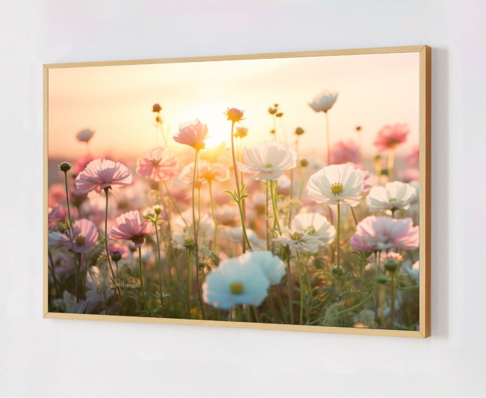 Quadro Decorativo Campo de Flores em Adesivo com Moldura Caixa