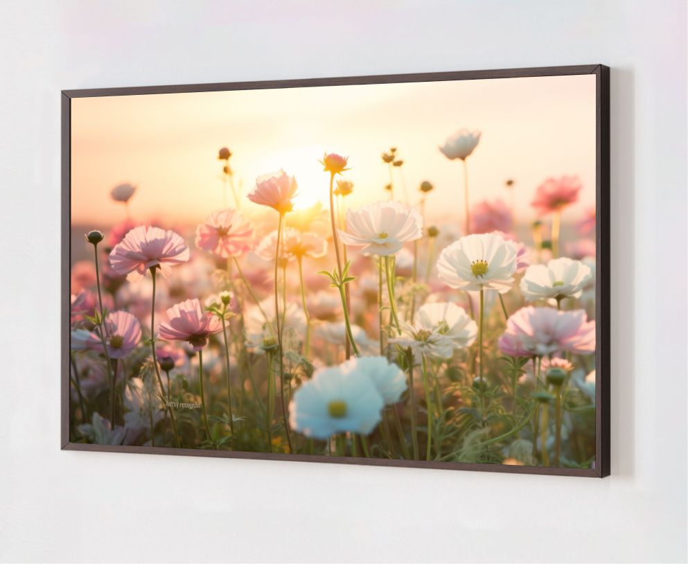 Quadro Decorativo Campo de Flores em Adesivo com Moldura Caixa