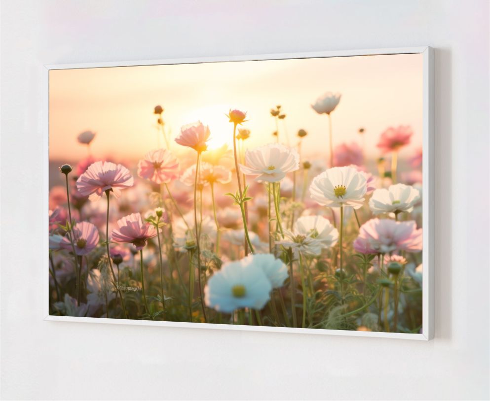 Quadro Decorativo Campo de Flores em Adesivo com Moldura Caixa