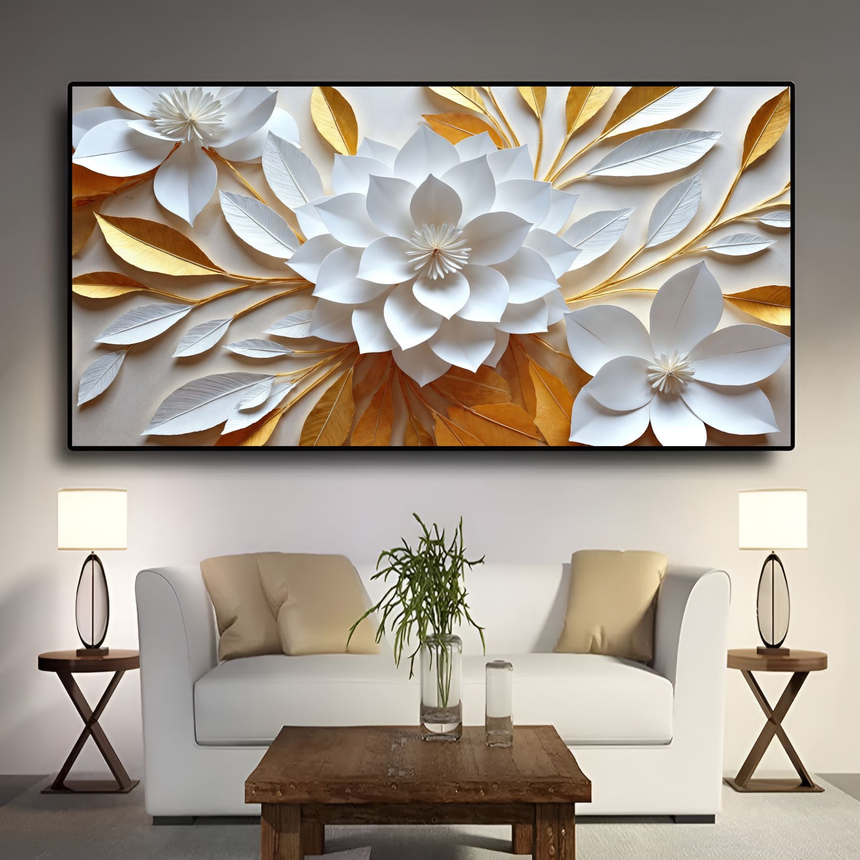 Quadro Decorativo Flor De Lótus Branco E Ouro