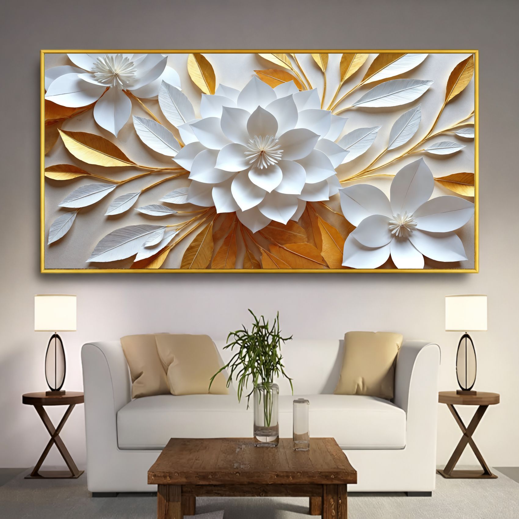 Quadro Decorativo Flor De Lótus Branco E Ouro