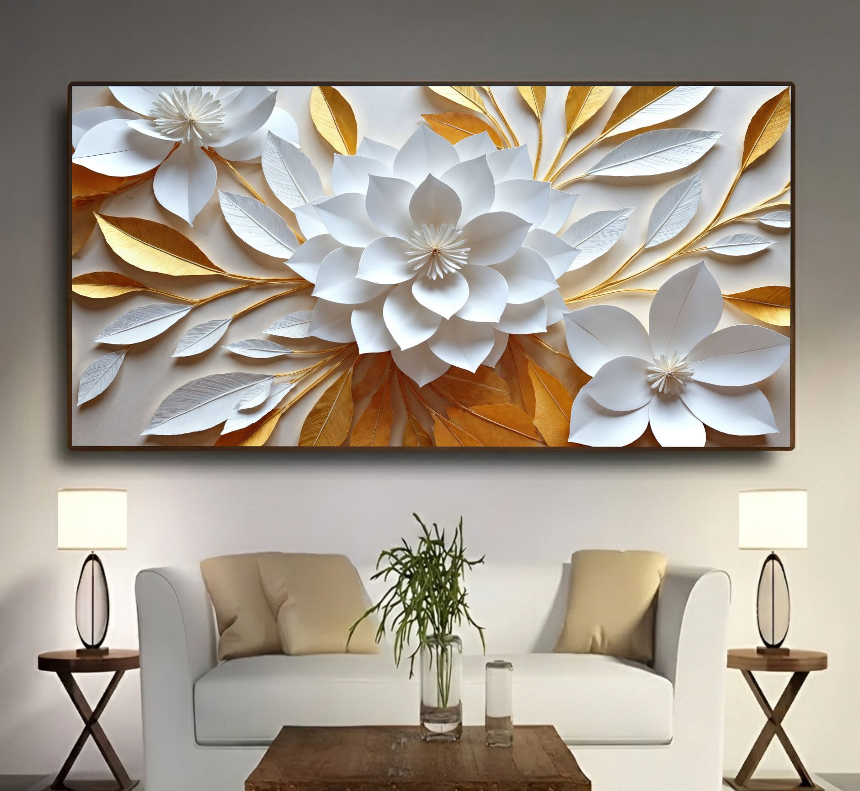 Quadro Decorativo Flor De Lótus Branco E Ouro