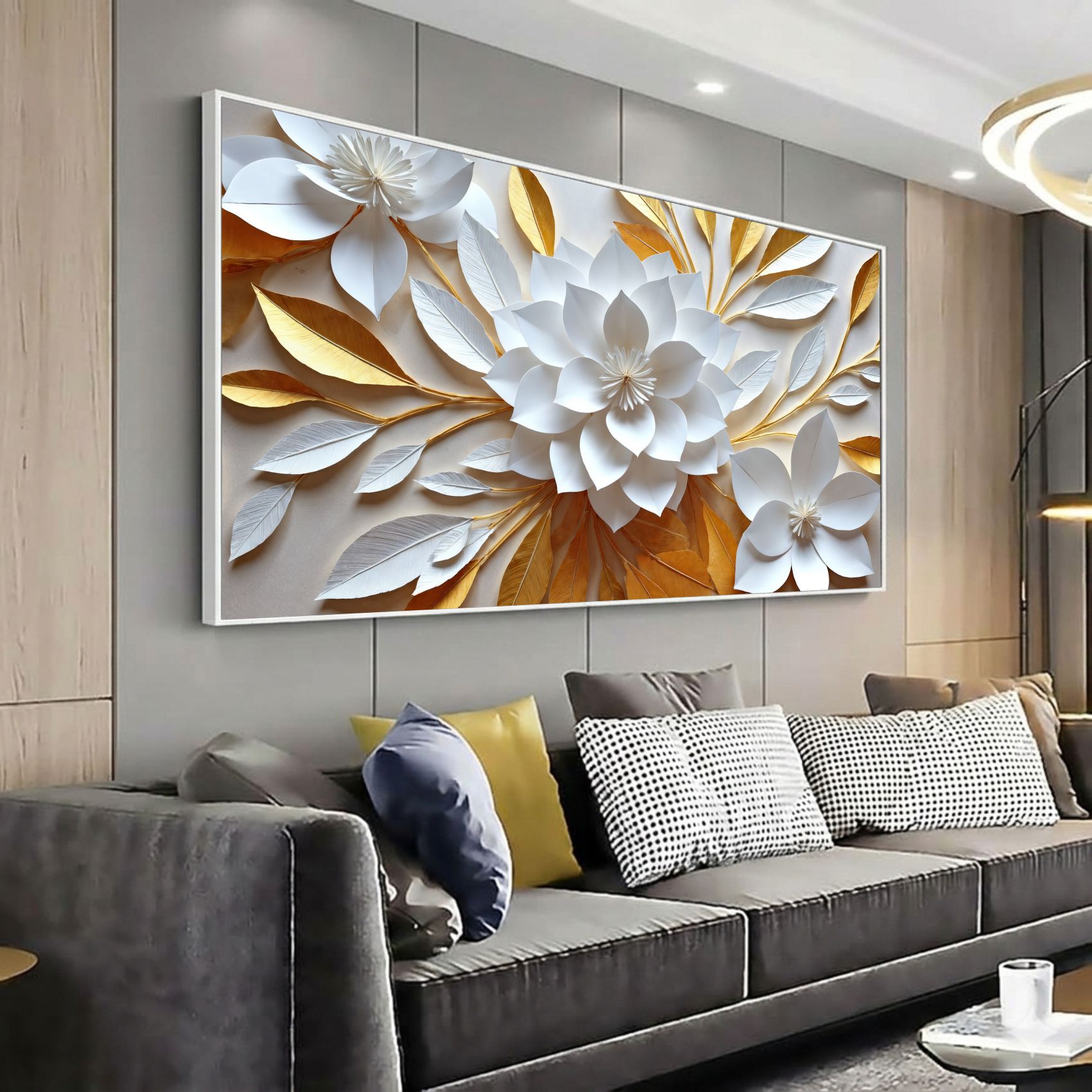 Quadro Decorativo Flor De Lótus Branco E Ouro