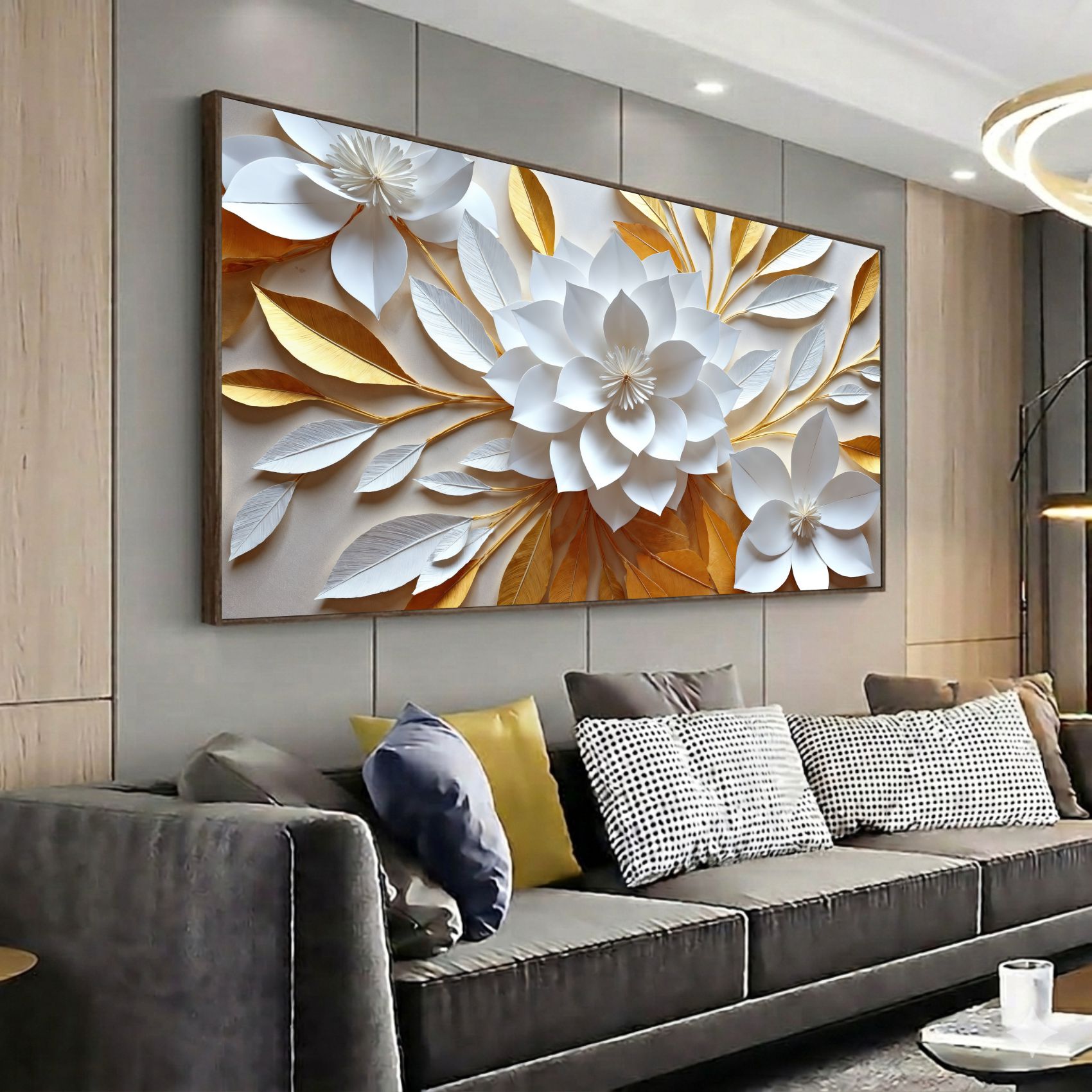 Quadro Decorativo Flor De Lótus Branco E Ouro