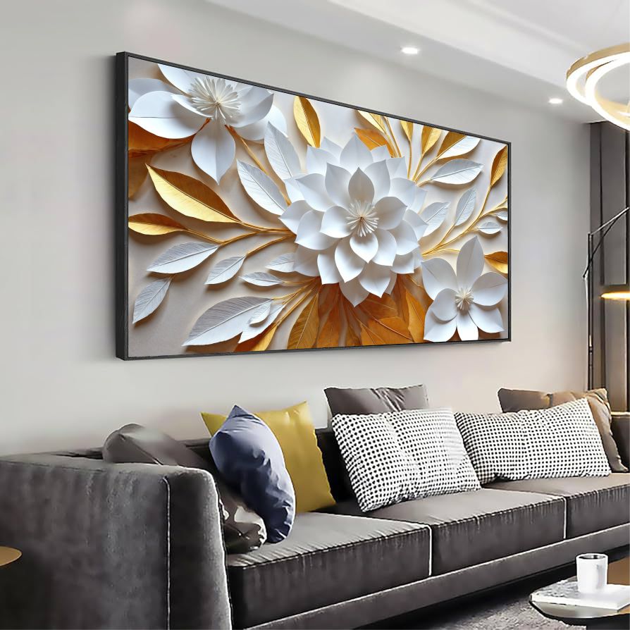 Quadro Decorativo Flor De Lótus Branco E Ouro