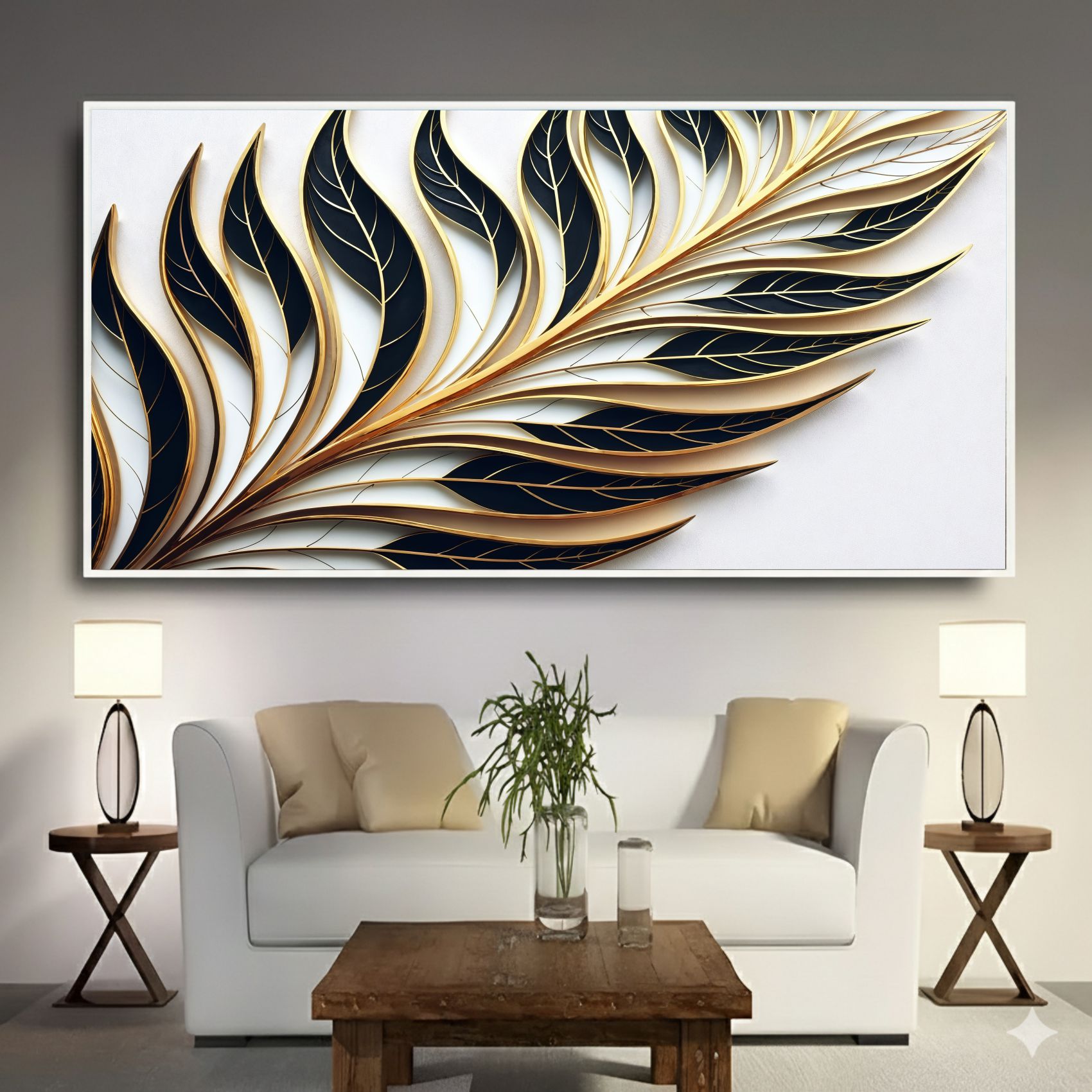 Quadro Decorativo Folha Minimalista Verde e Dourada