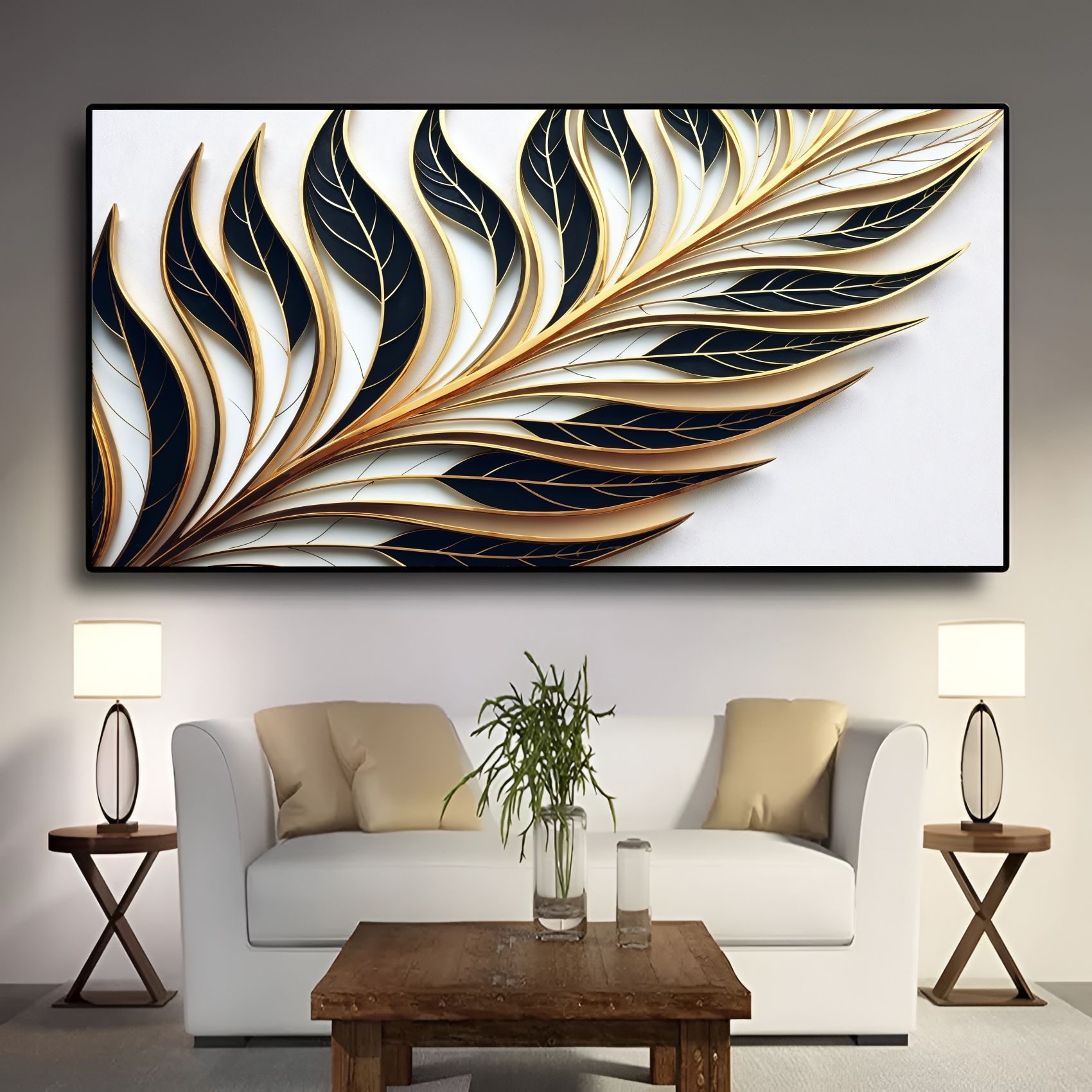 Quadro Decorativo Folha Minimalista Verde e Dourada