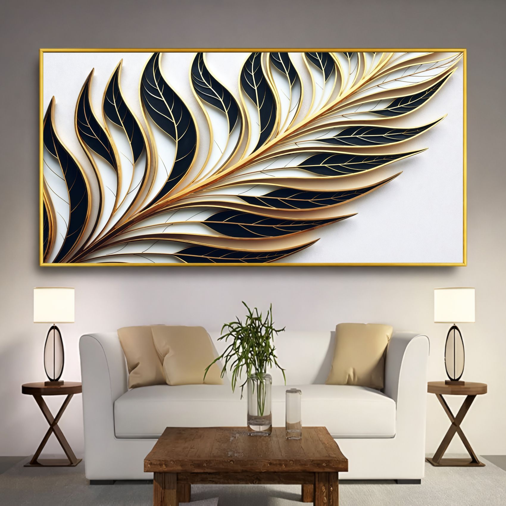 Quadro Decorativo Folha Minimalista Verde e Dourada