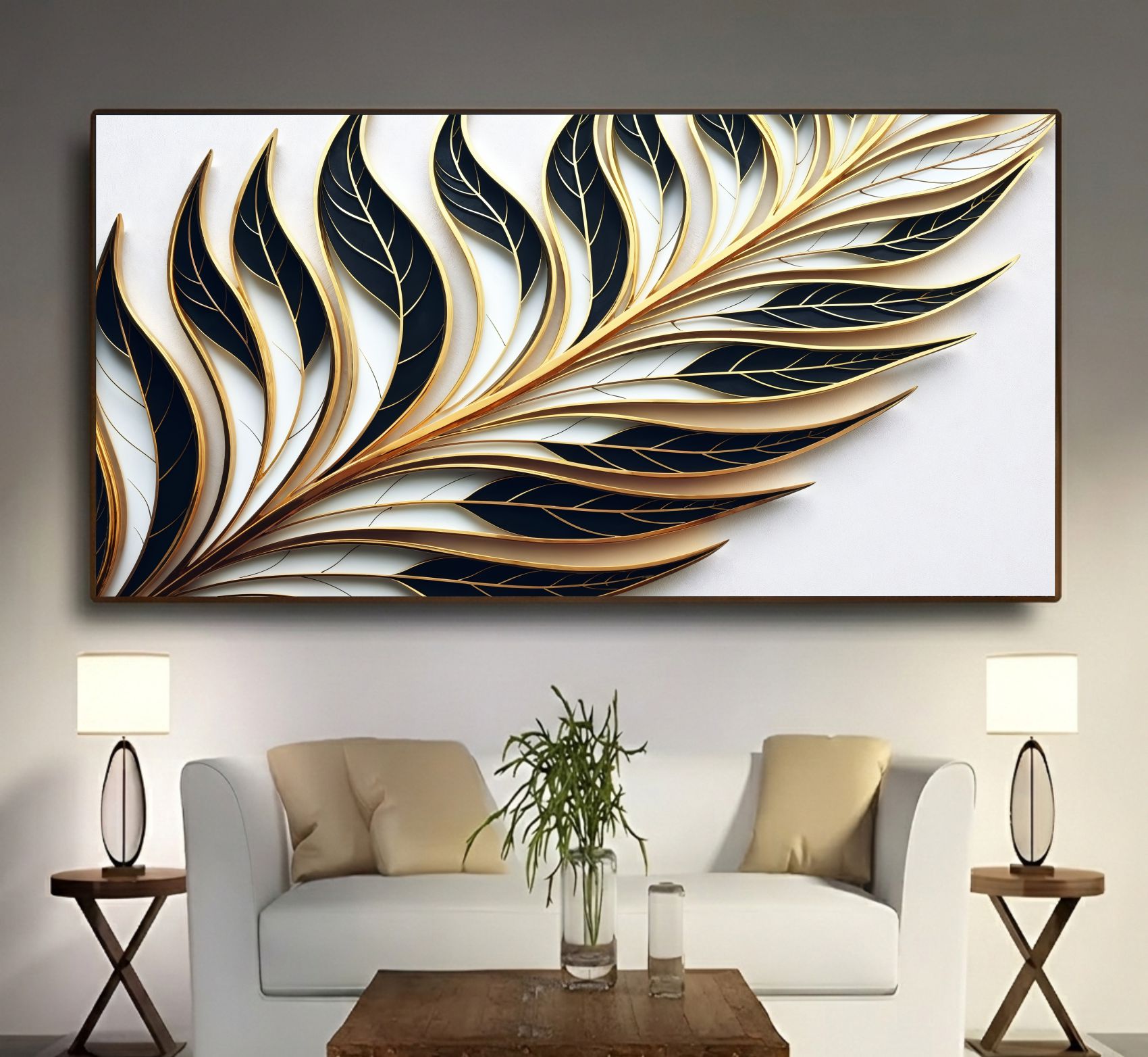 Quadro Decorativo Folha Minimalista Verde e Dourada