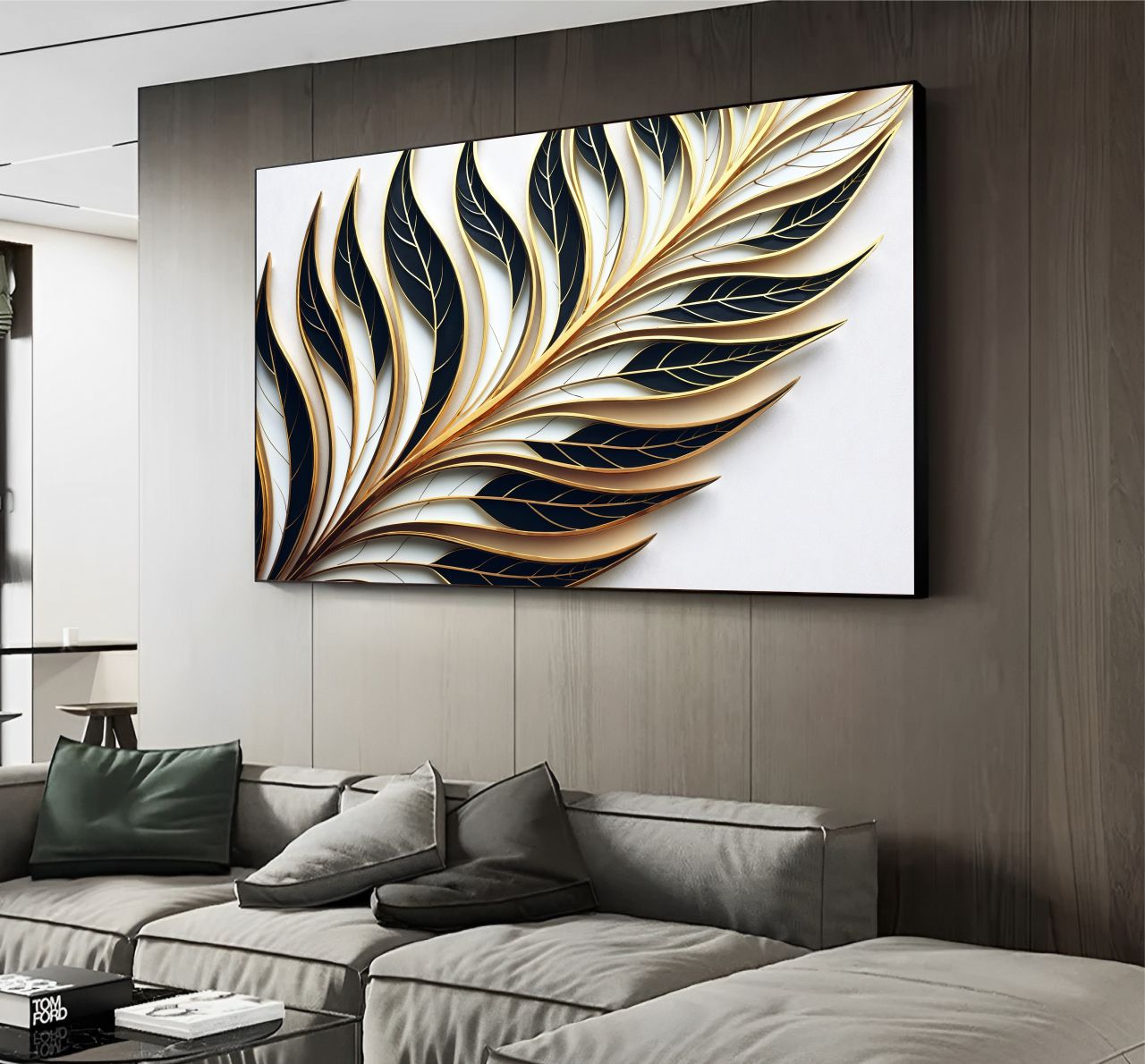 Quadro Decorativo Folha Minimalista Verde e Dourada