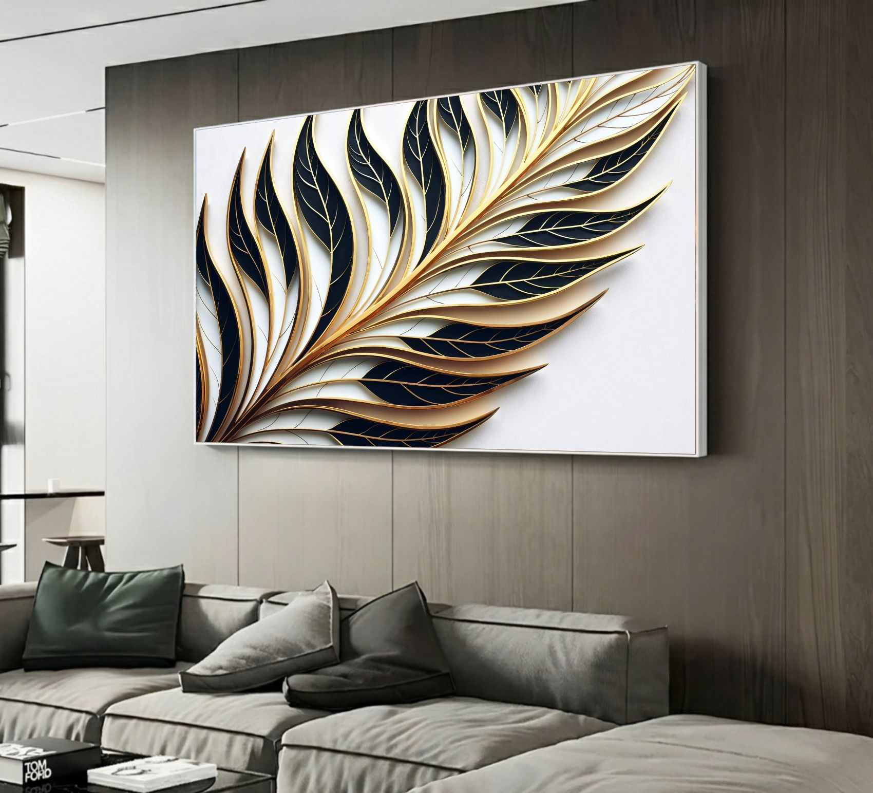 Quadro Decorativo Folha Minimalista Verde e Dourada