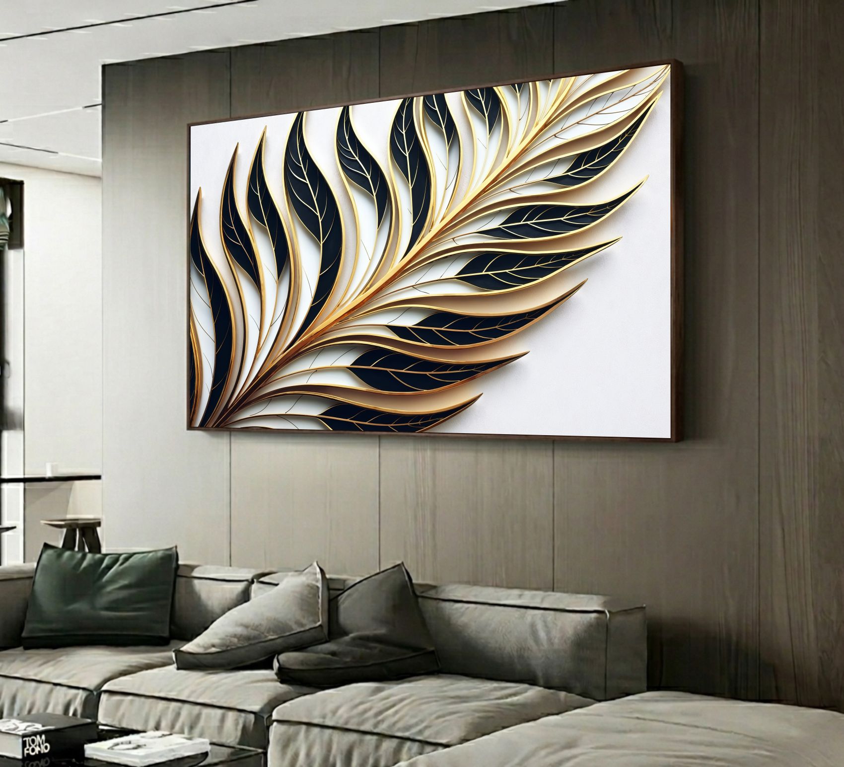 Quadro Decorativo Folha Minimalista Verde e Dourada