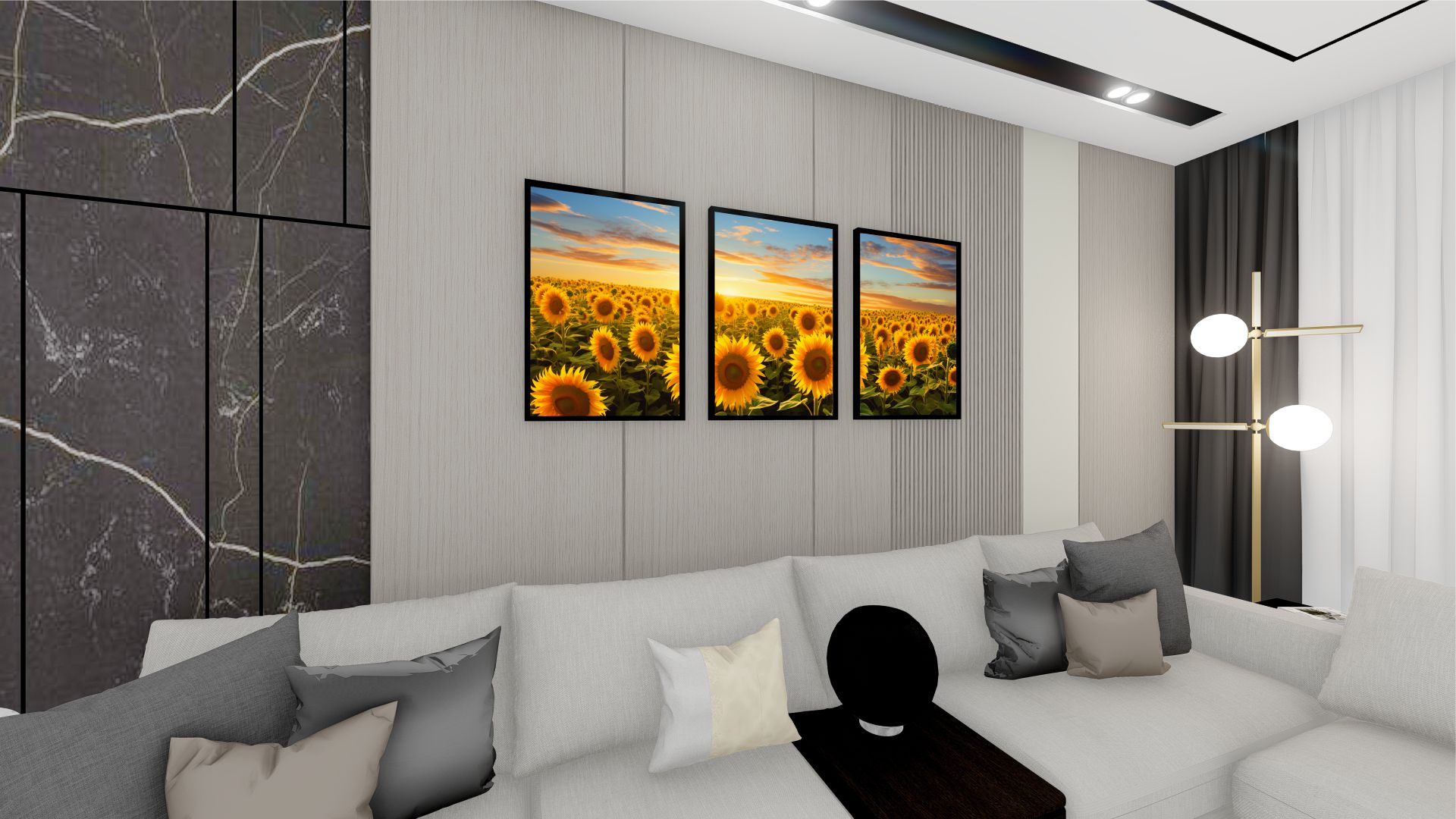 Quadro Decorativo Girassol Trio em Adesivo com Moldura Caixa