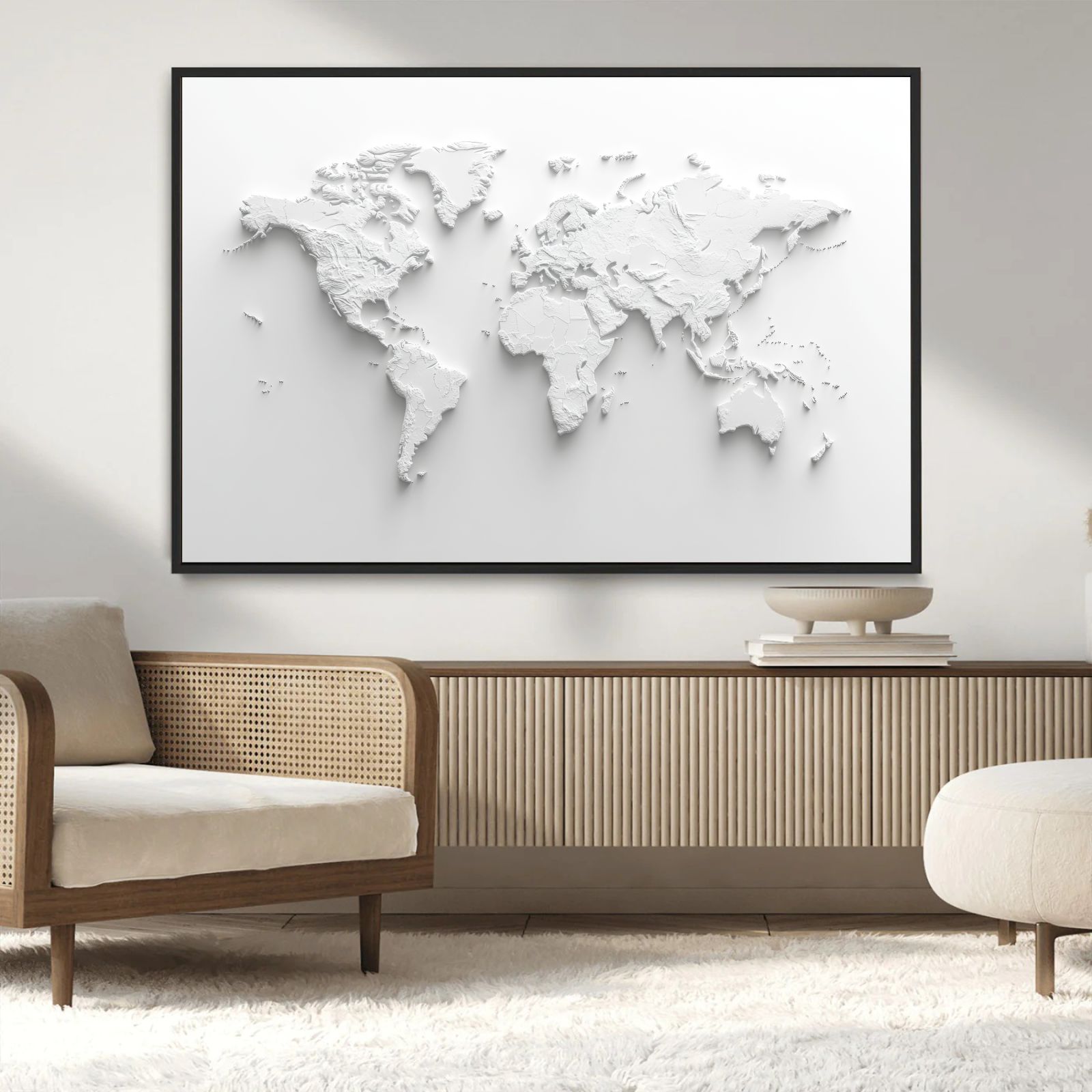 Quadro Decorativo Mapa Múndi Branco Abstrato Minimalista