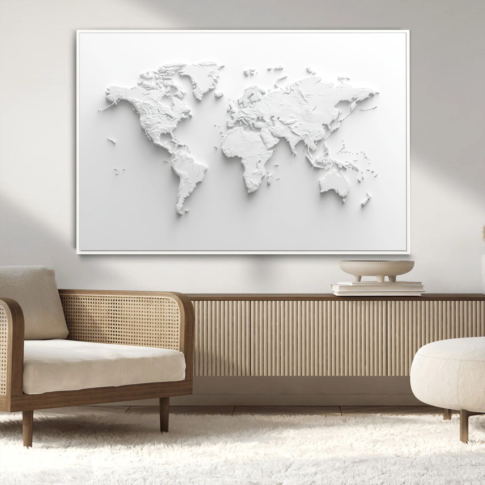 Quadro Decorativo Mapa Múndi Branco Abstrato Minimalista