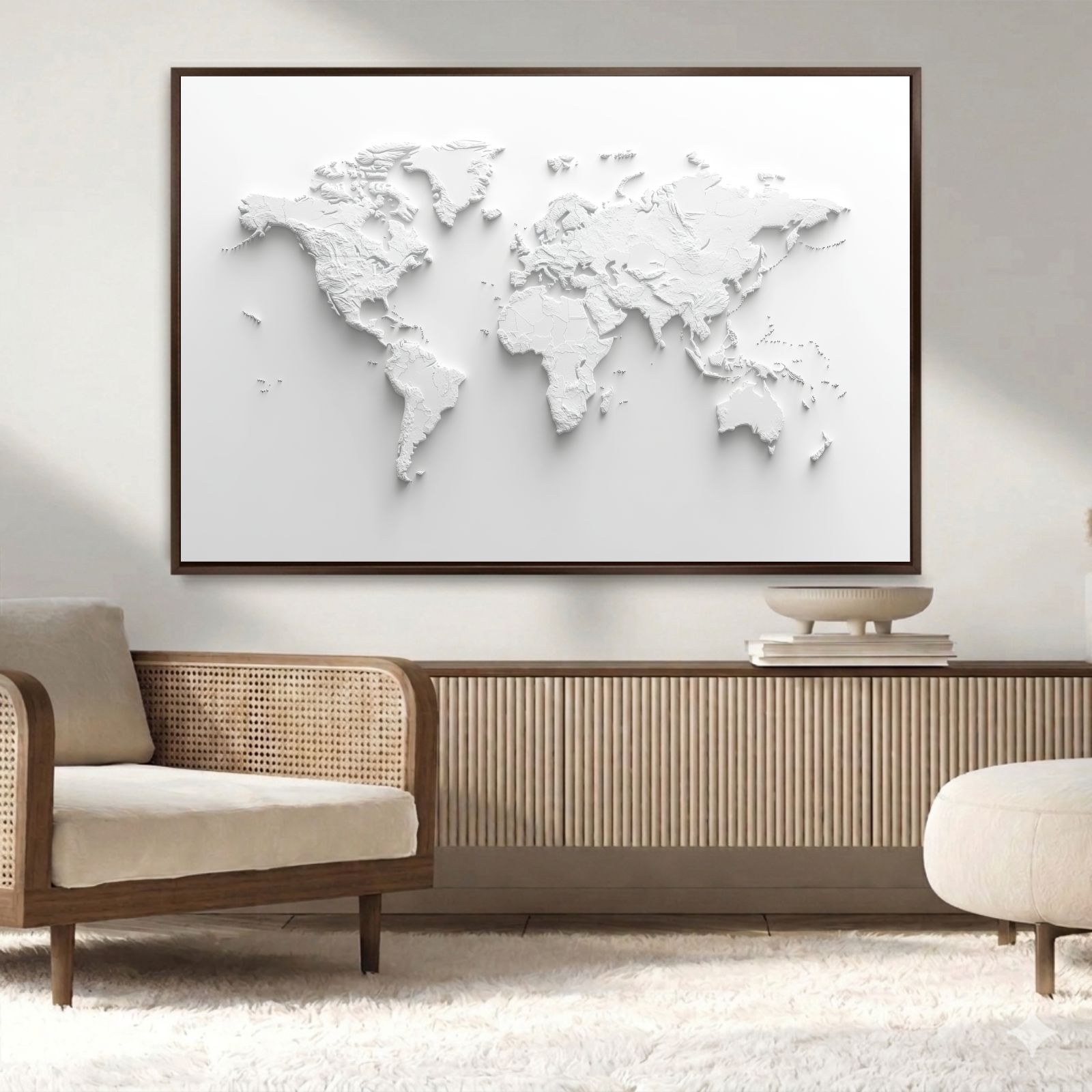 Quadro Decorativo Mapa Múndi Branco Abstrato Minimalista