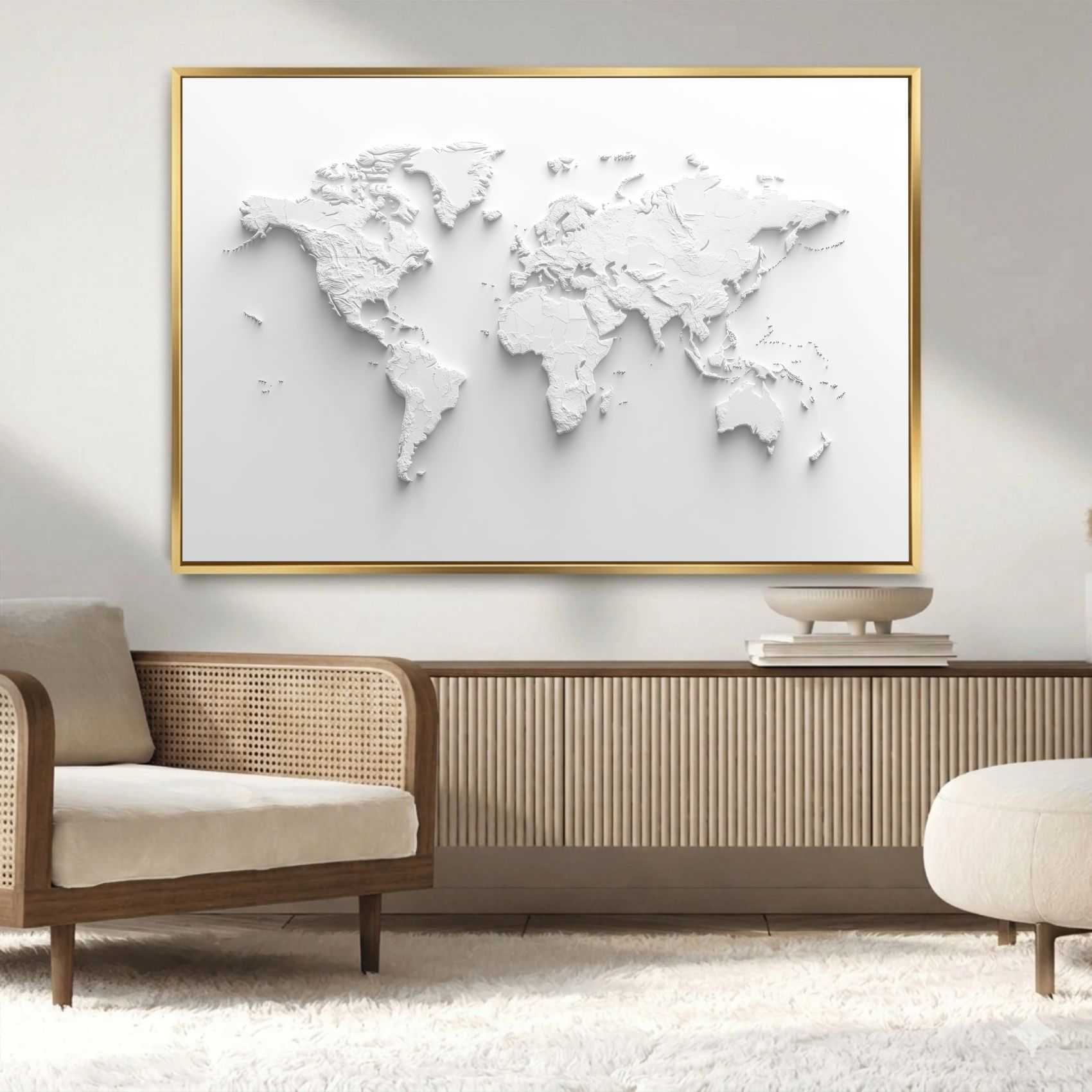 Quadro Decorativo Mapa Múndi Branco Abstrato Minimalista