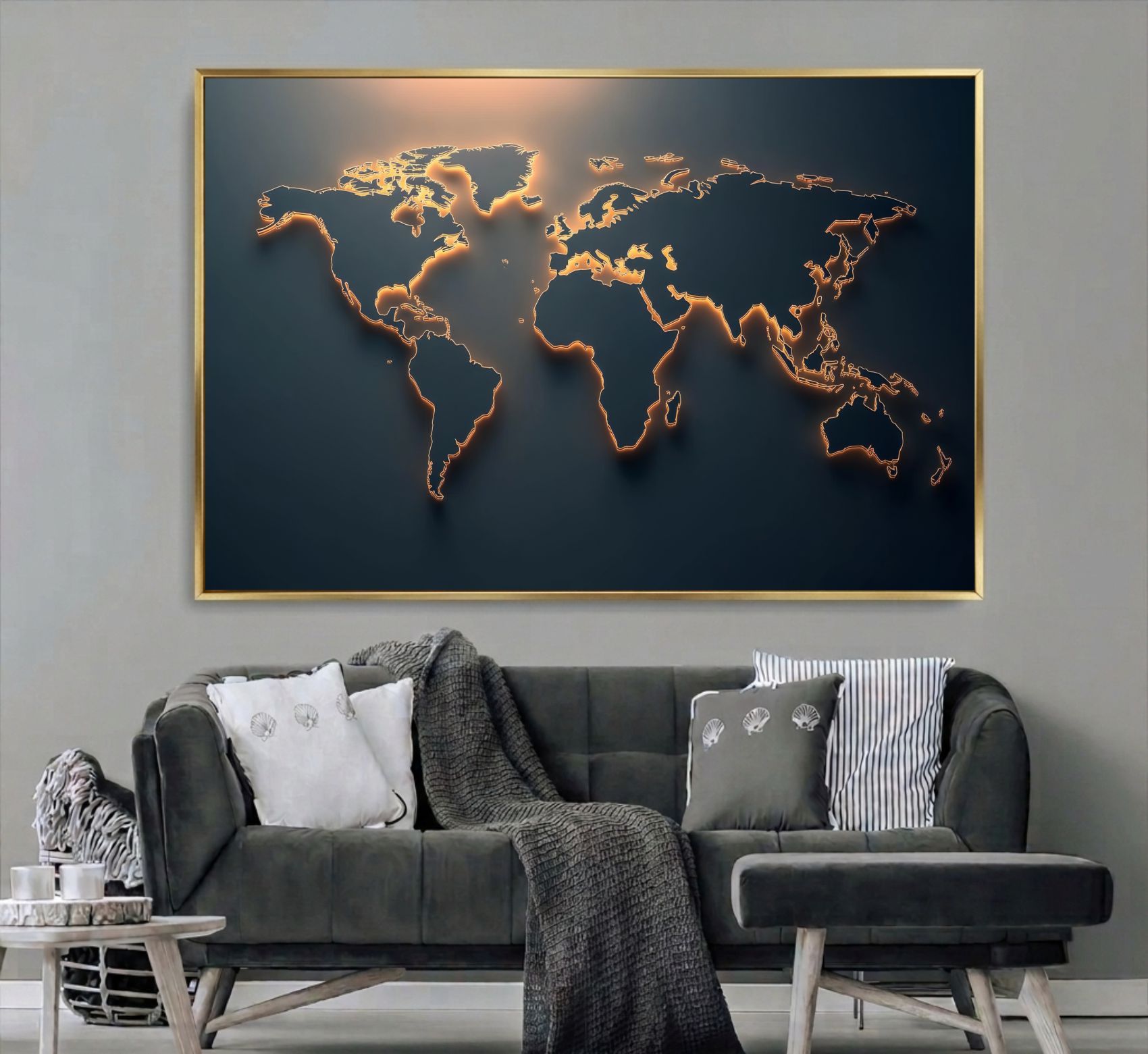Quadro Decorativo Mapa Múndi Minimalista Dark Gold