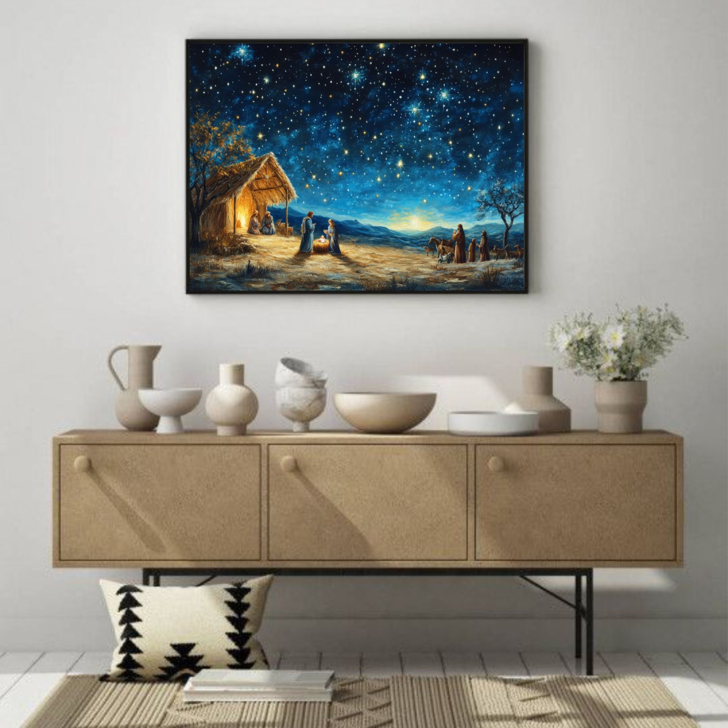 Quadro Decorativo Arte Nascimento de Jesus em Adesivo com Moldura Caixa 