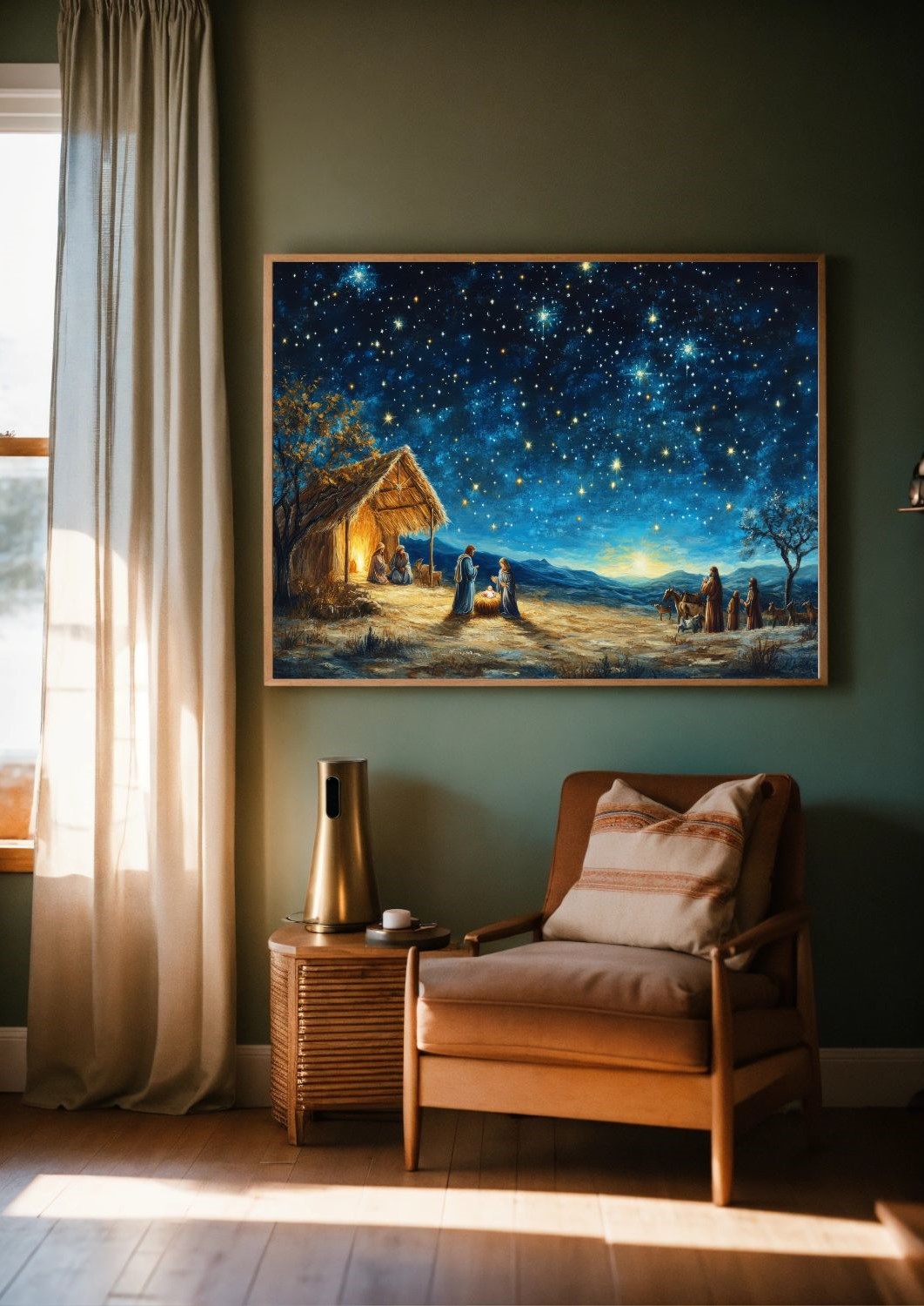 Quadro Decorativo Arte Nascimento de Jesus em Adesivo com Moldura Caixa 