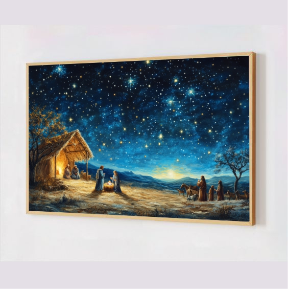 Quadro Decorativo Arte Nascimento de Jesus em Adesivo com Moldura Caixa 