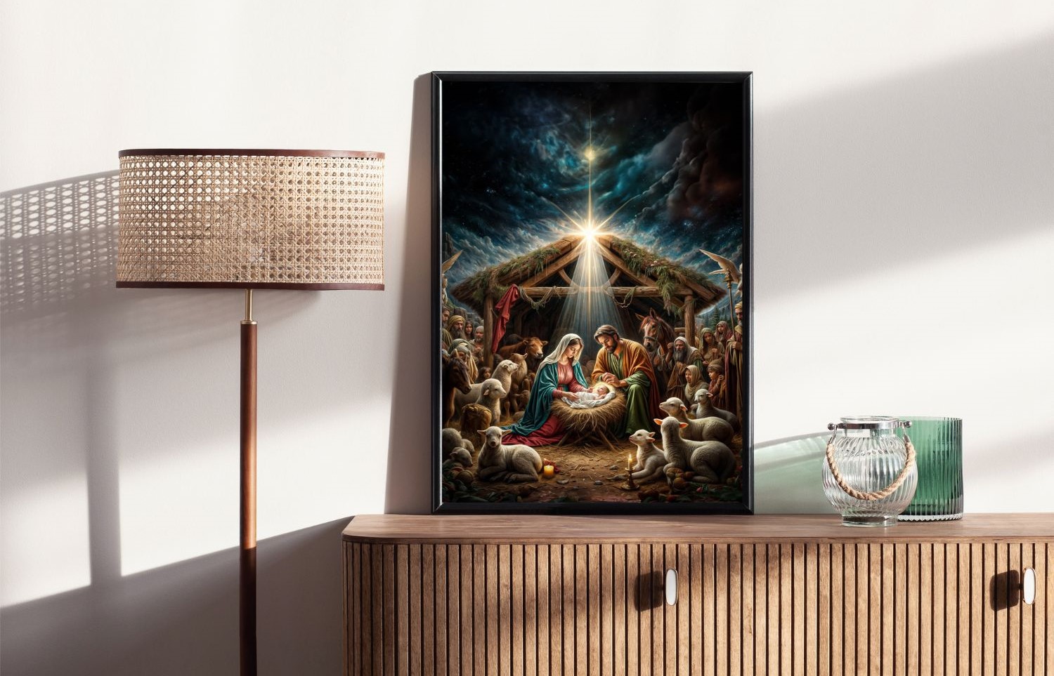 Quadro Decorativo Nascimento de Jesus em Adesivo com Moldura Caixa