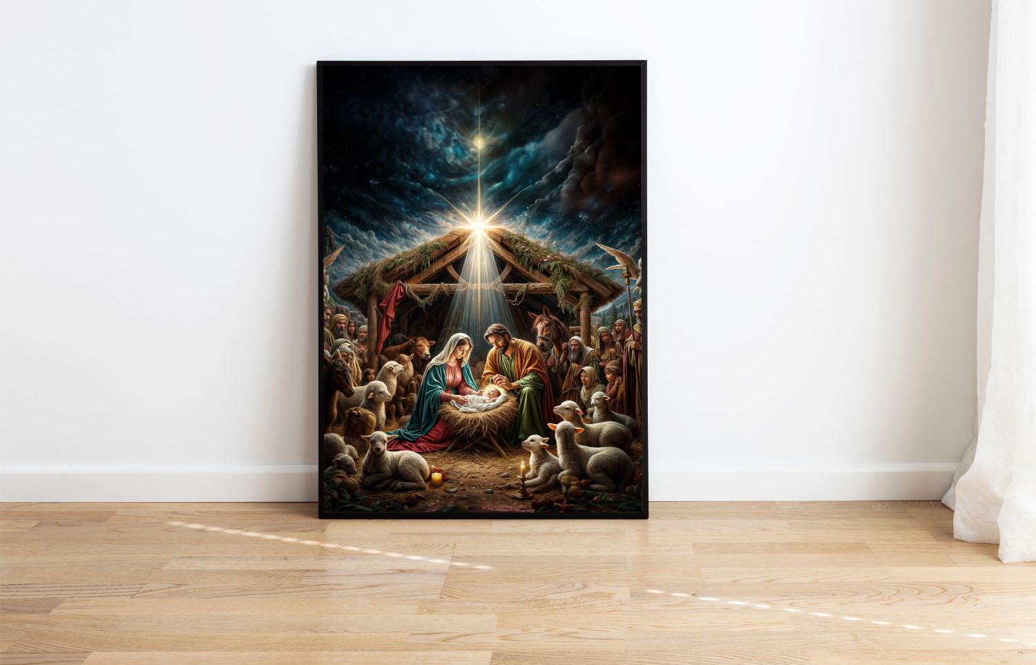 Quadro Decorativo Nascimento de Jesus em Adesivo com Moldura Caixa