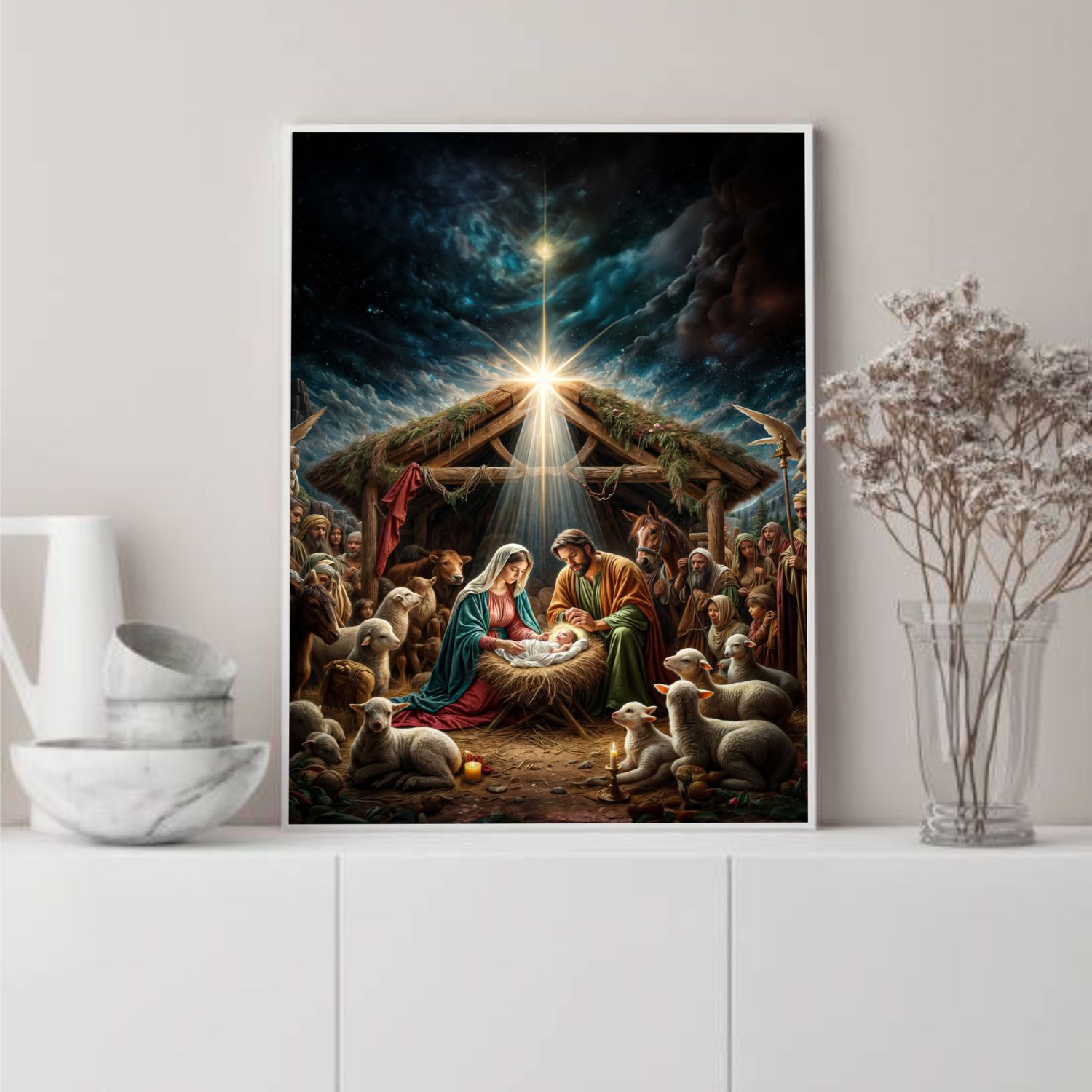 Quadro Decorativo Nascimento de Jesus em Adesivo com Moldura Caixa