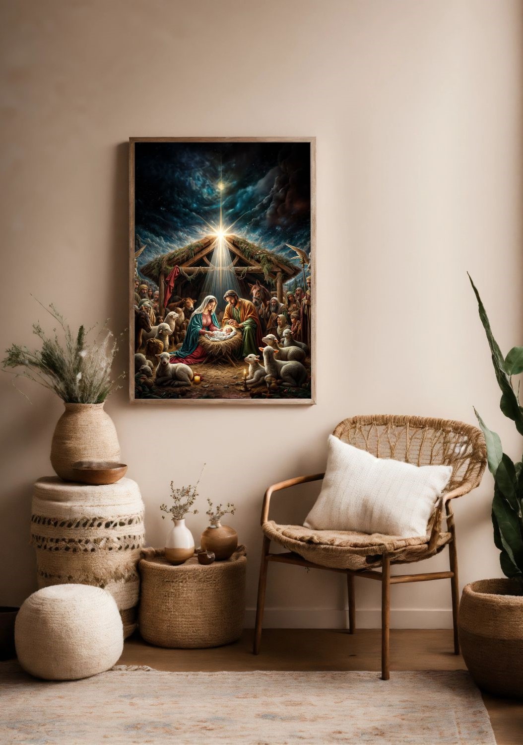Quadro Decorativo Nascimento de Jesus em Adesivo com Moldura Caixa