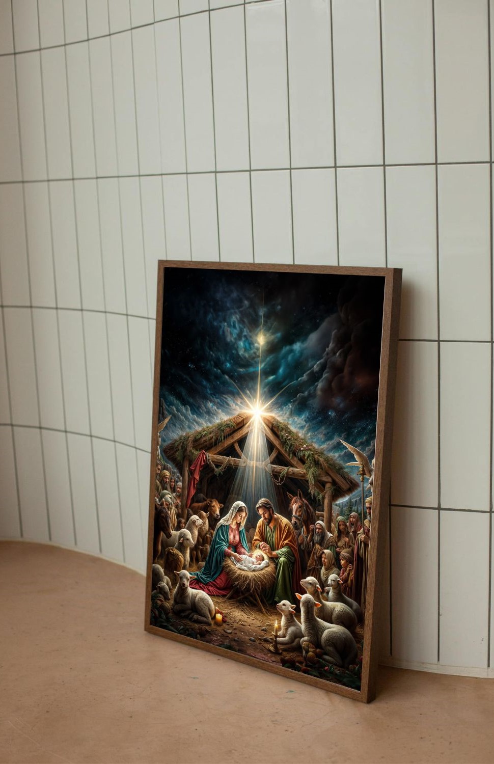 Quadro Decorativo Nascimento de Jesus em Adesivo com Moldura Caixa