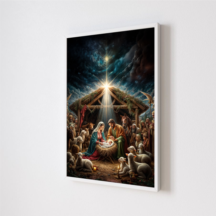 Quadro Decorativo Nascimento de Jesus em Adesivo com Moldura Caixa