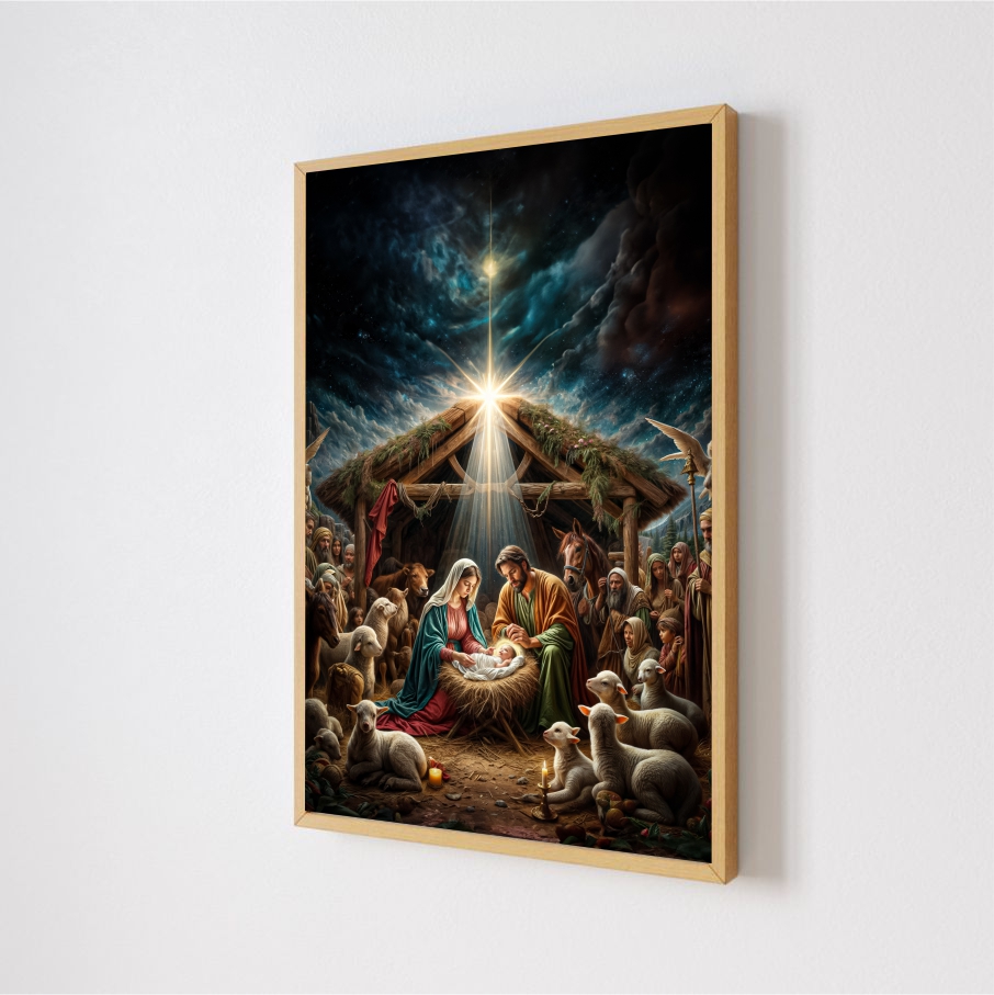 Quadro Decorativo Nascimento de Jesus em Adesivo com Moldura Caixa