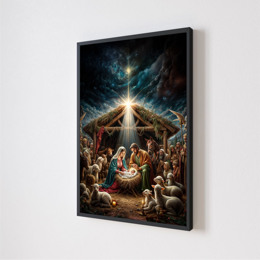 Quadro Decorativo Nascimento de Jesus em Adesivo com Moldura Caixa