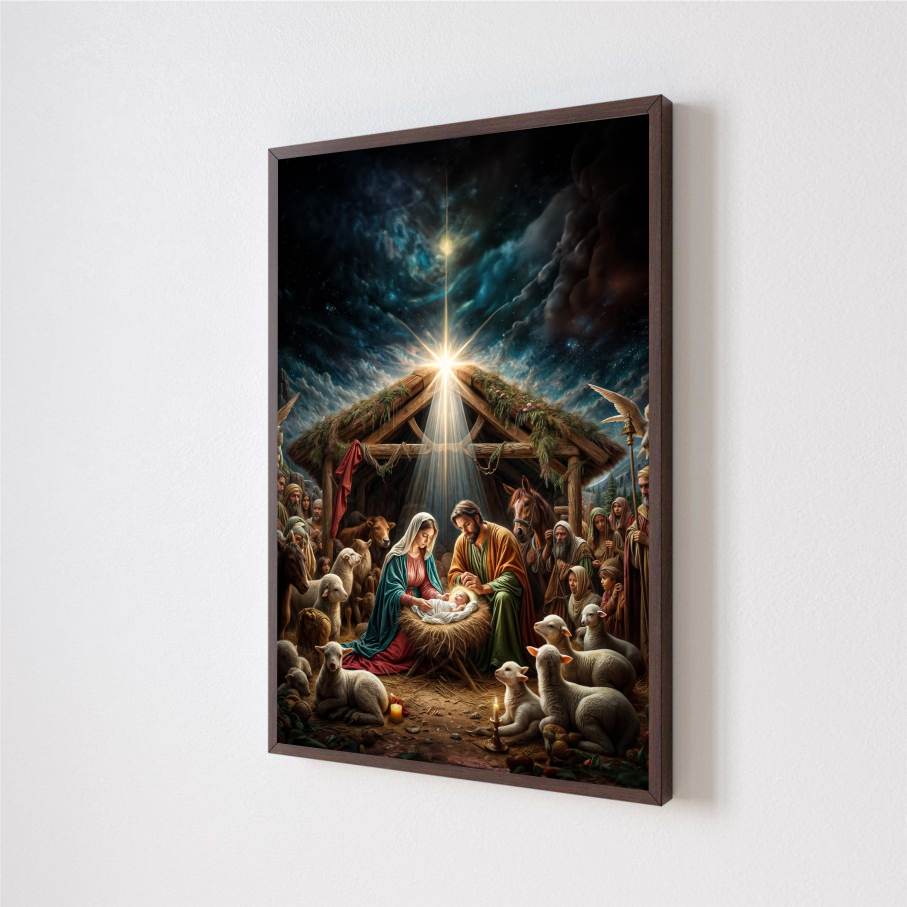 Quadro Decorativo Nascimento de Jesus em Adesivo com Moldura Caixa