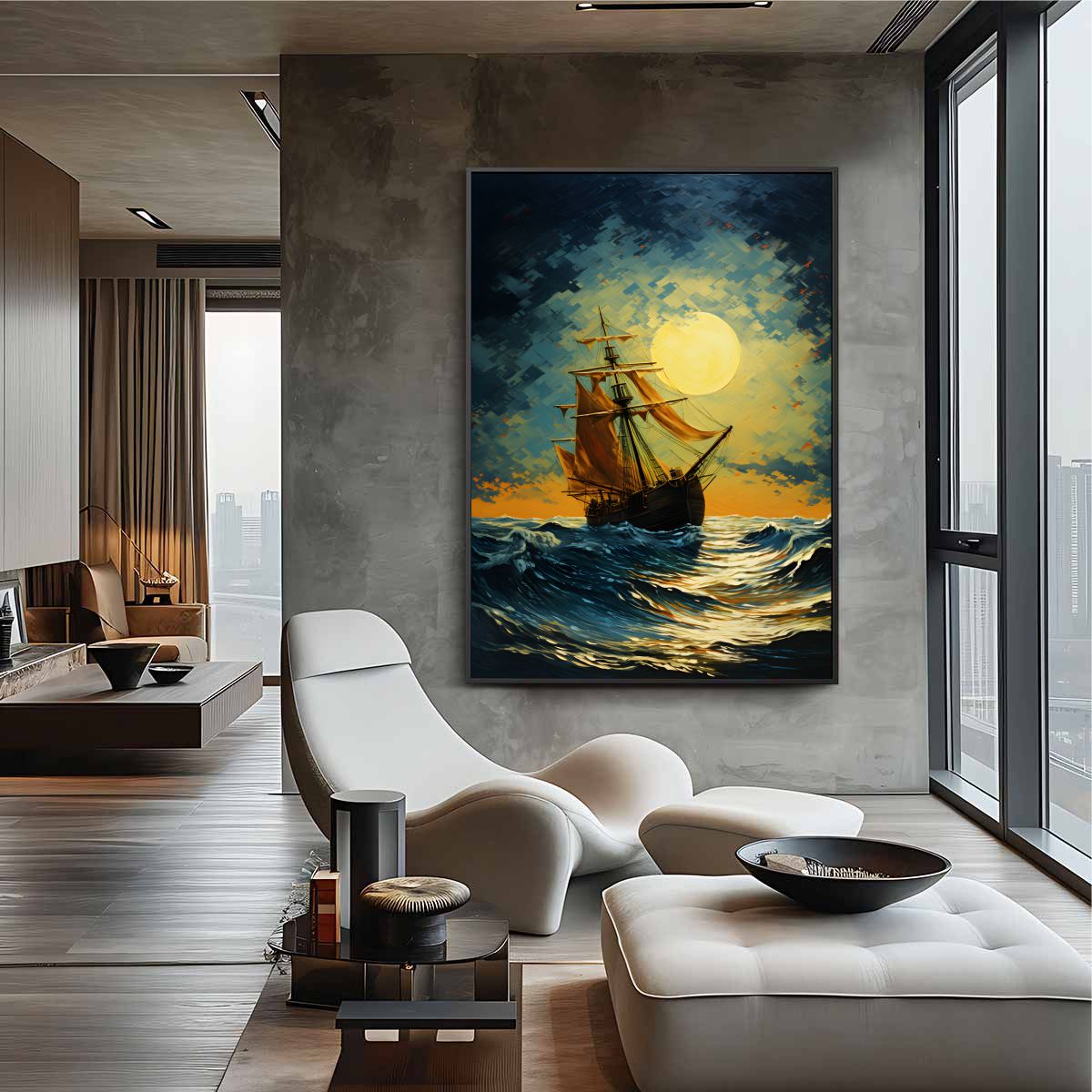 Quadro Decorativo Caravela Ao Luar No Mar Pintura Óleo