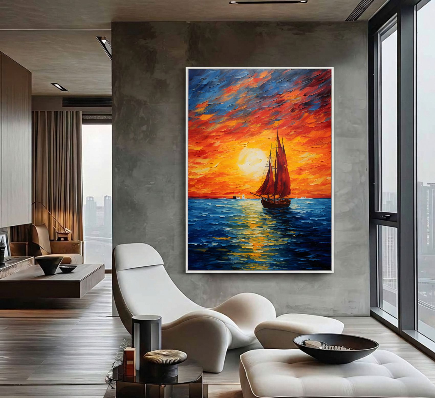 Quadro Decorativo Barco Ao Pôr Do Sol No Mar Pintura Moderna
