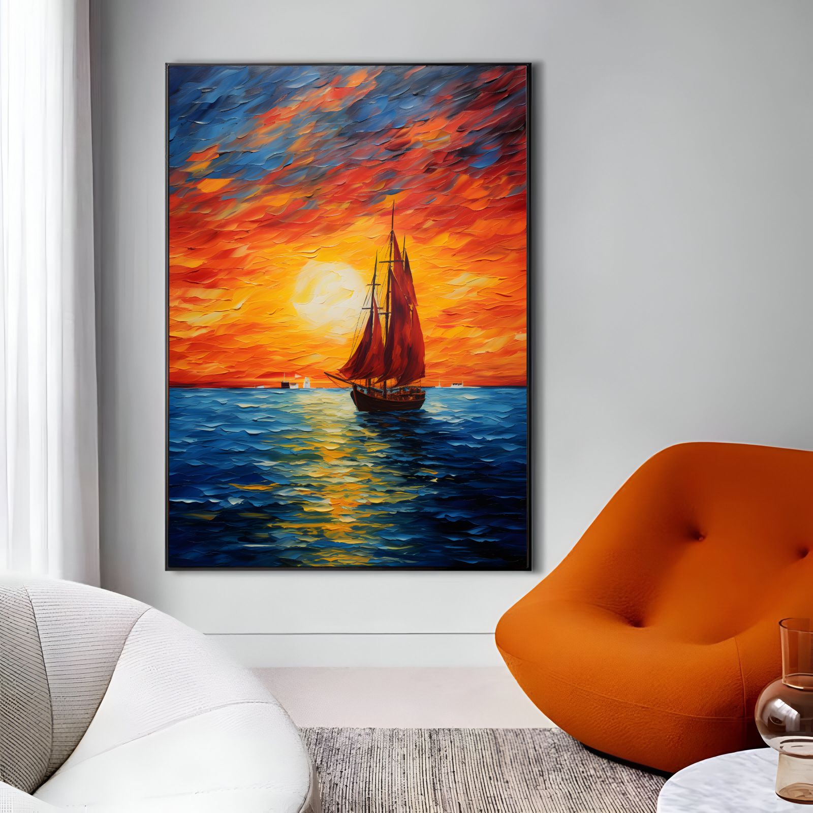 Quadro Decorativo Barco Ao Pôr Do Sol No Mar Pintura Moderna