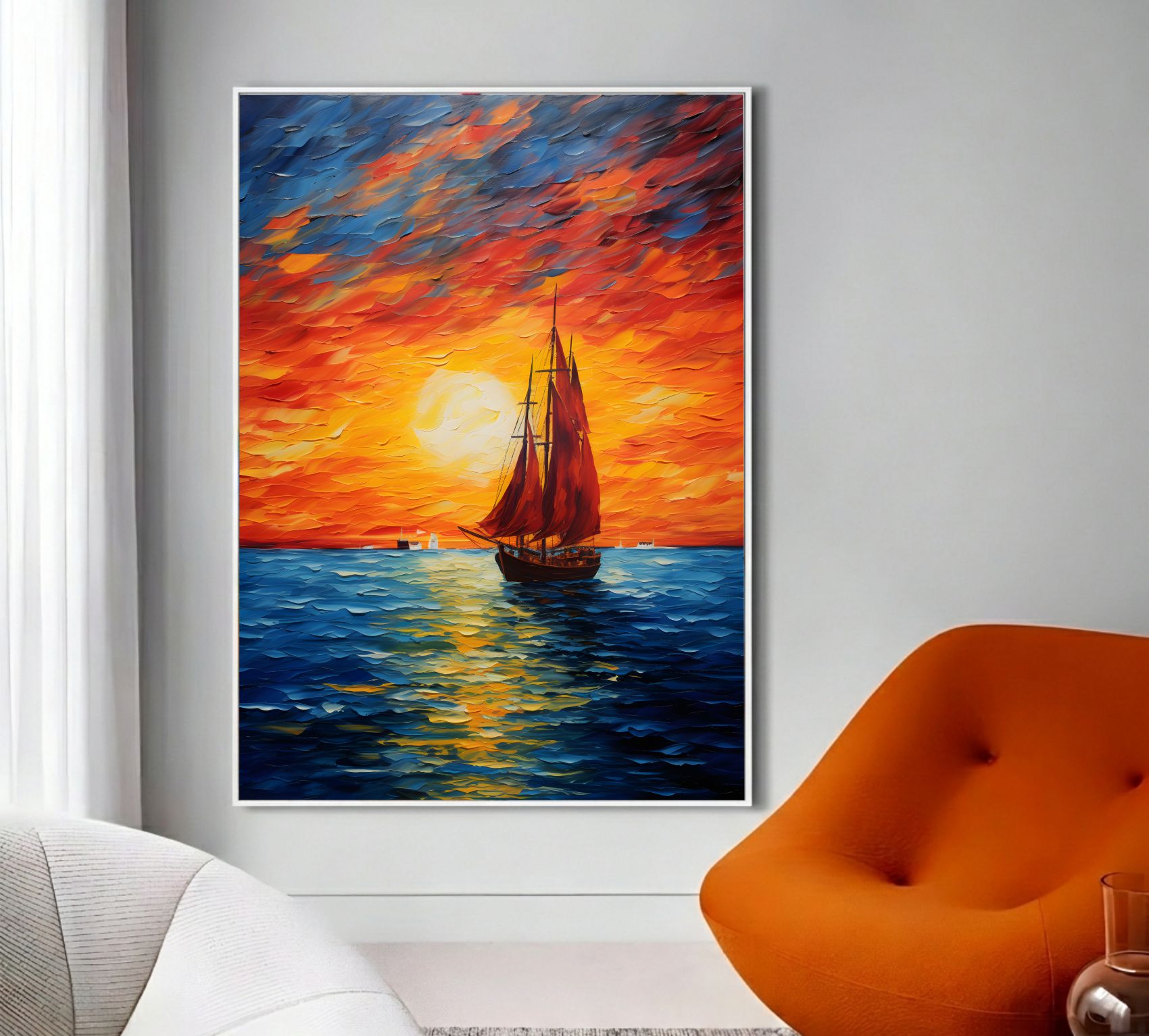 Quadro Decorativo Barco Ao Pôr Do Sol No Mar Pintura Moderna