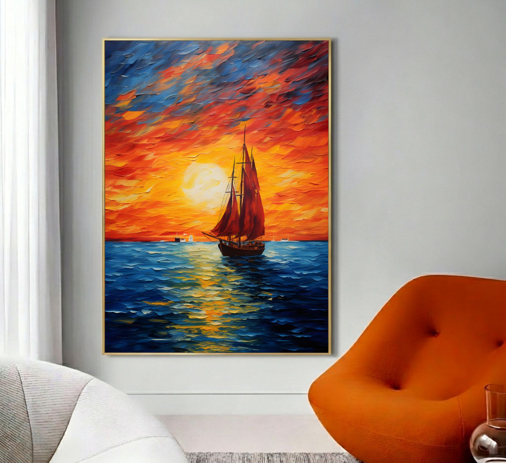 Quadro Decorativo Barco Ao Pôr Do Sol No Mar Pintura Moderna